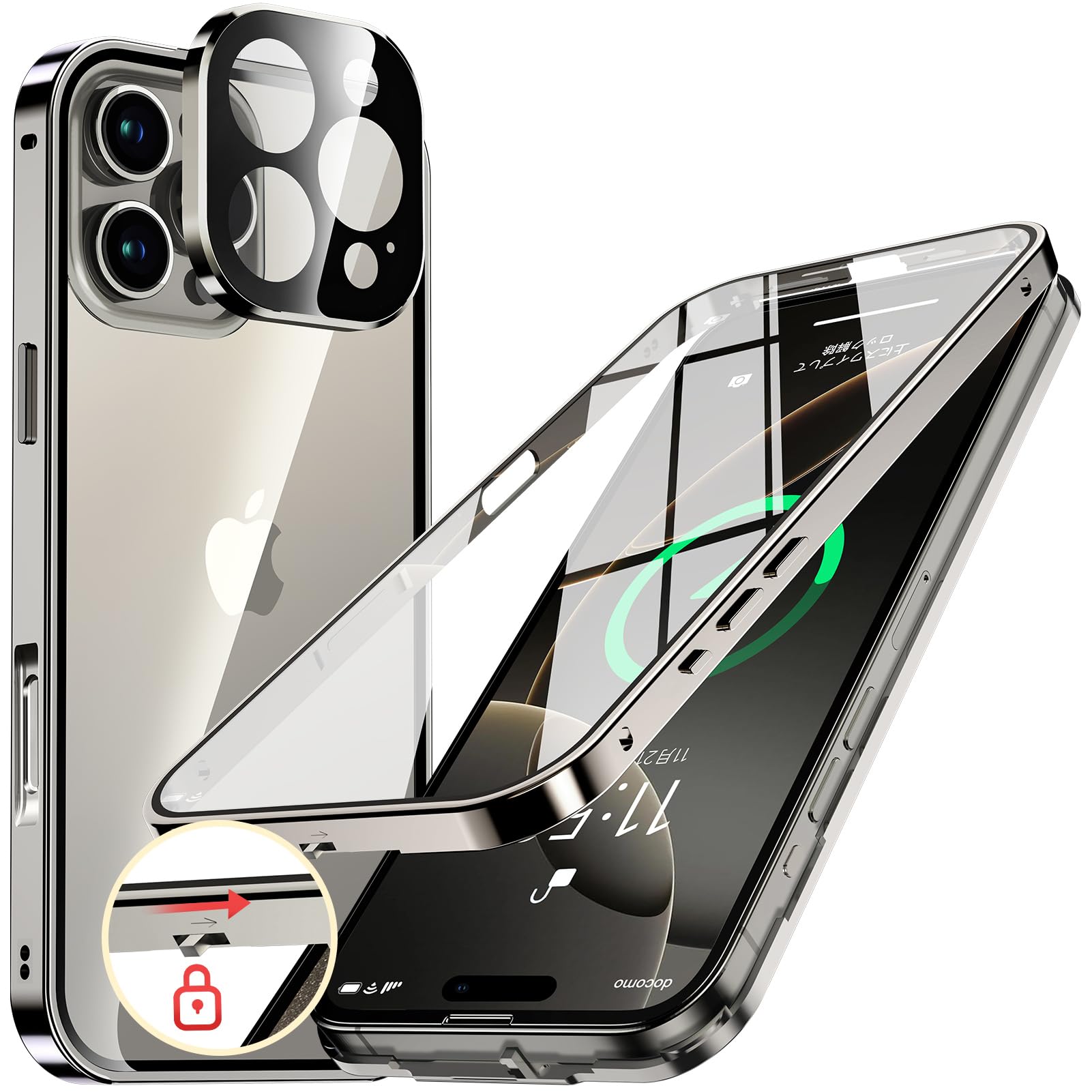 NIANGUO【ロック機能付き・自動ポップアップボタン】 iPhone16 Pro Max 用 ケース クリア 【両面強化ガラス】 9H硬度 【一体型レンズ保護】 アイフォン16プロマックス カバー アルミバンパーケー