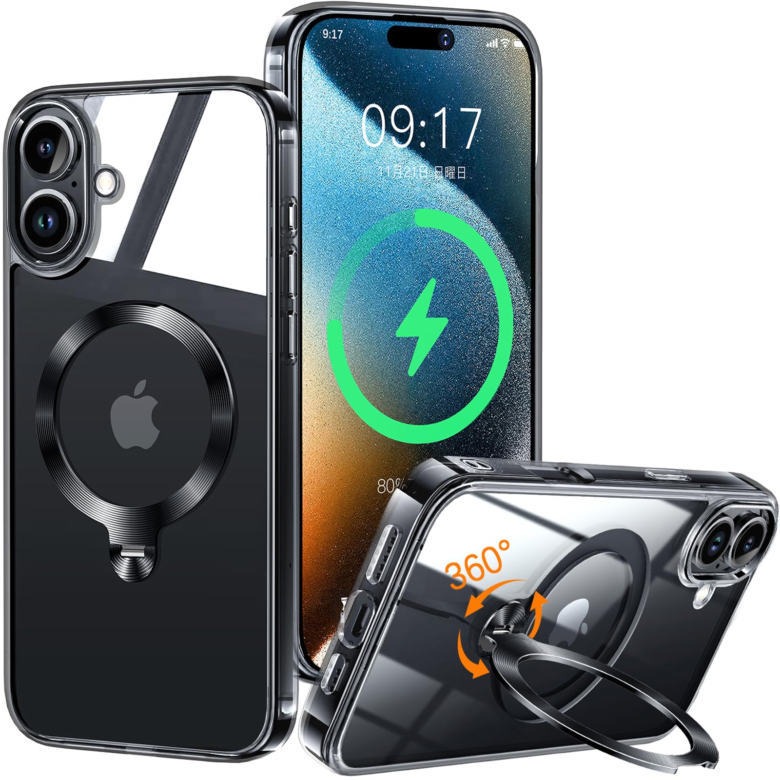 【唯一無二・360°回転CD スタンド】ZapNet iPhone 16 Plus 用 クリア ケース Magsafe 対応 [定点スタンド・超絶安定性][本体を再現・極透明]ストラップホール付き マグセーフ ワイヤレス充電対応 黄