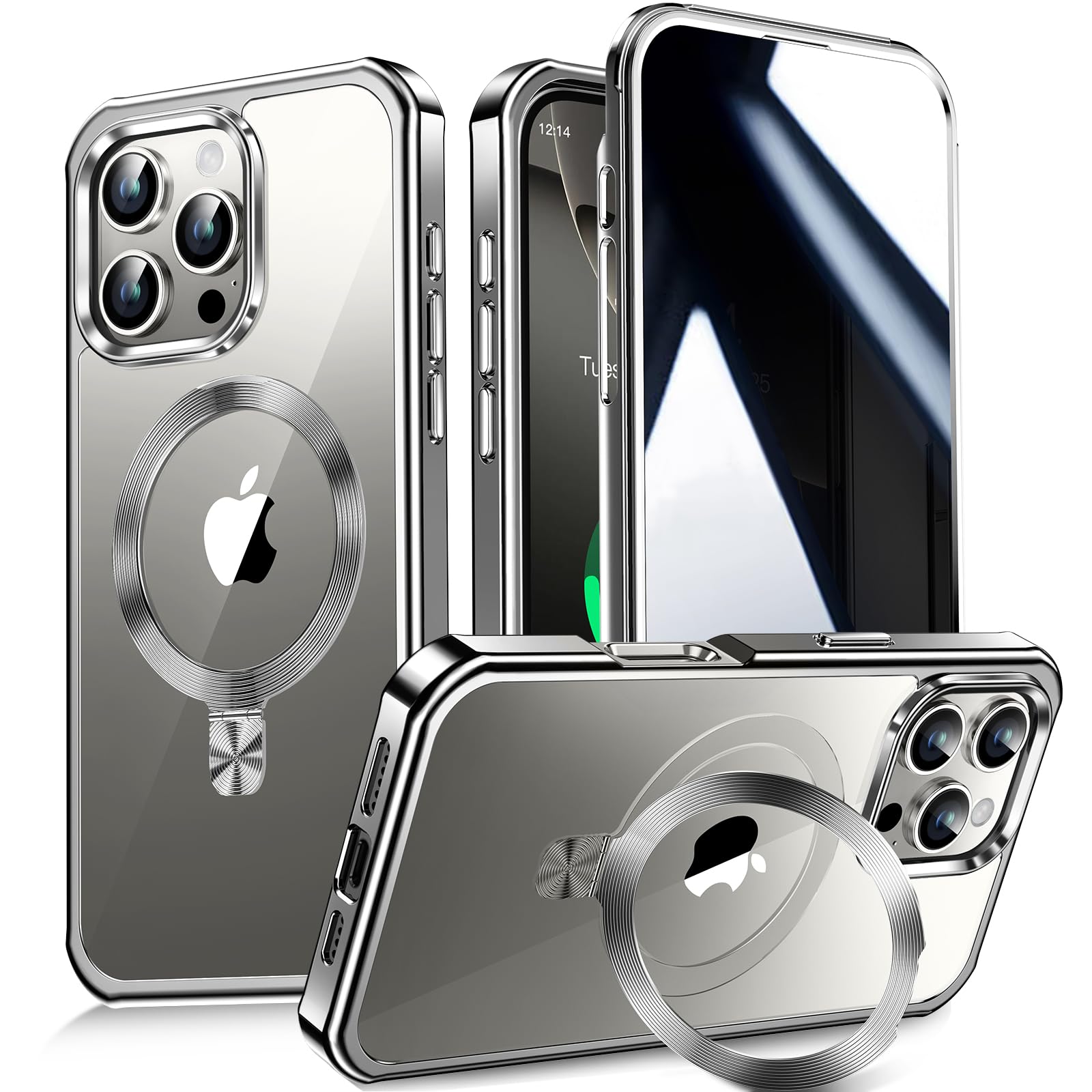 【多機能隠しスタンド・Magsafe対応+覗き見防止】WTAIYUN iPhone 16 Pro Max 用 ケース 全面保護 CDリング 縦横両対応 ワイヤレス 充電対応 米軍MIL規格 耐衝撃 高感度タッチ 両面 いphone16 プロマック