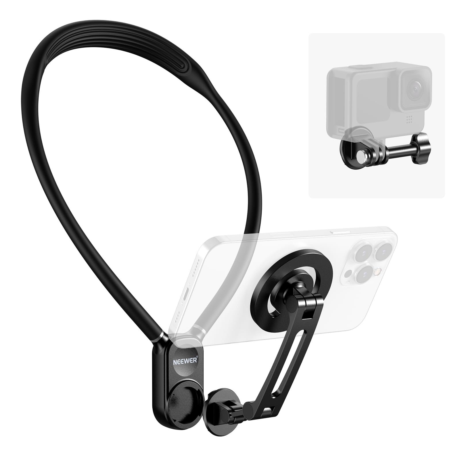 NEEWER 磁気 ネックレス式マウント カメラ首掛け ネックホルダー アクションカメラとスマホ用 落下防止 ハンズフリー コンパチブル Insta360 iPhone 15 Android POVビデオ録画用 黒 GP16