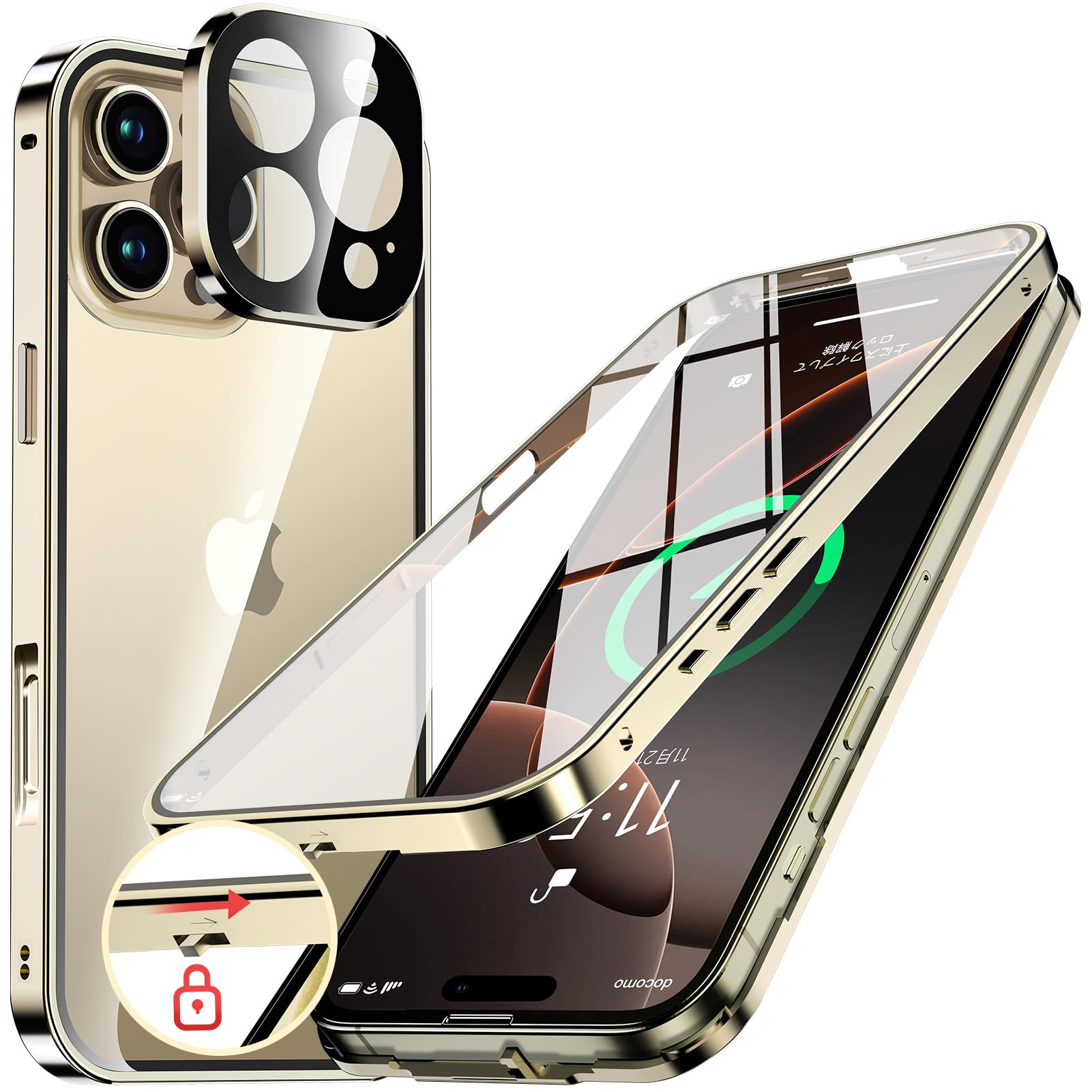 NIANGUO【ロック機能付き・自動ポップアップボタン】 iPhone16 Pro 用 ケース クリア 【両面強化ガラス】 9H硬度 【一体型レンズ保護】 アイフォン16プロ カバー アルミバンパーケース メタルフ