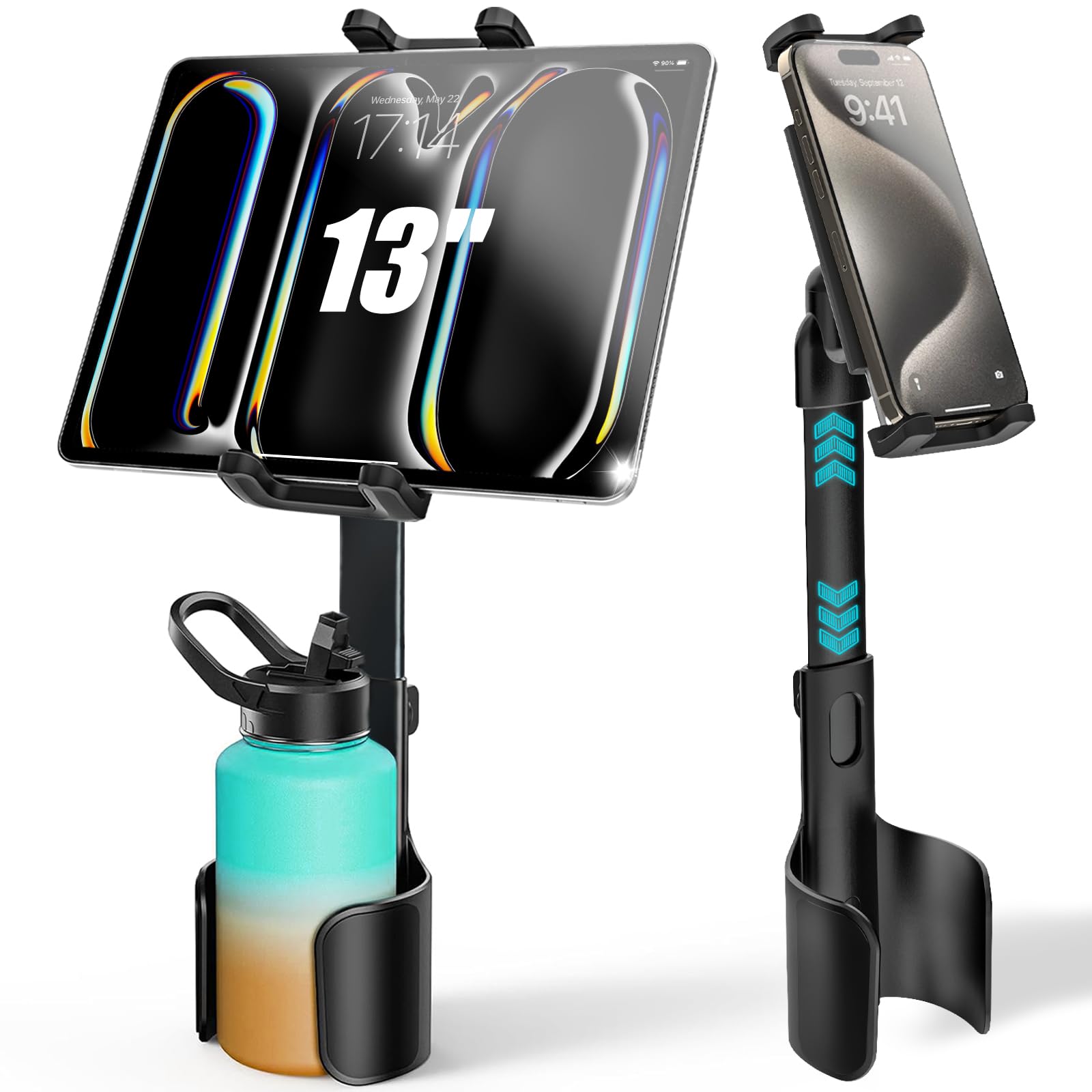 【史上最強金属製伸縮アーム】Kolasels タブレットホルダー 車 タブレットカップホルダー【丸型および角型カップホルダーに対応】ipad 車載ホルダー 車ドリンク カップ ホルダー スマホホル