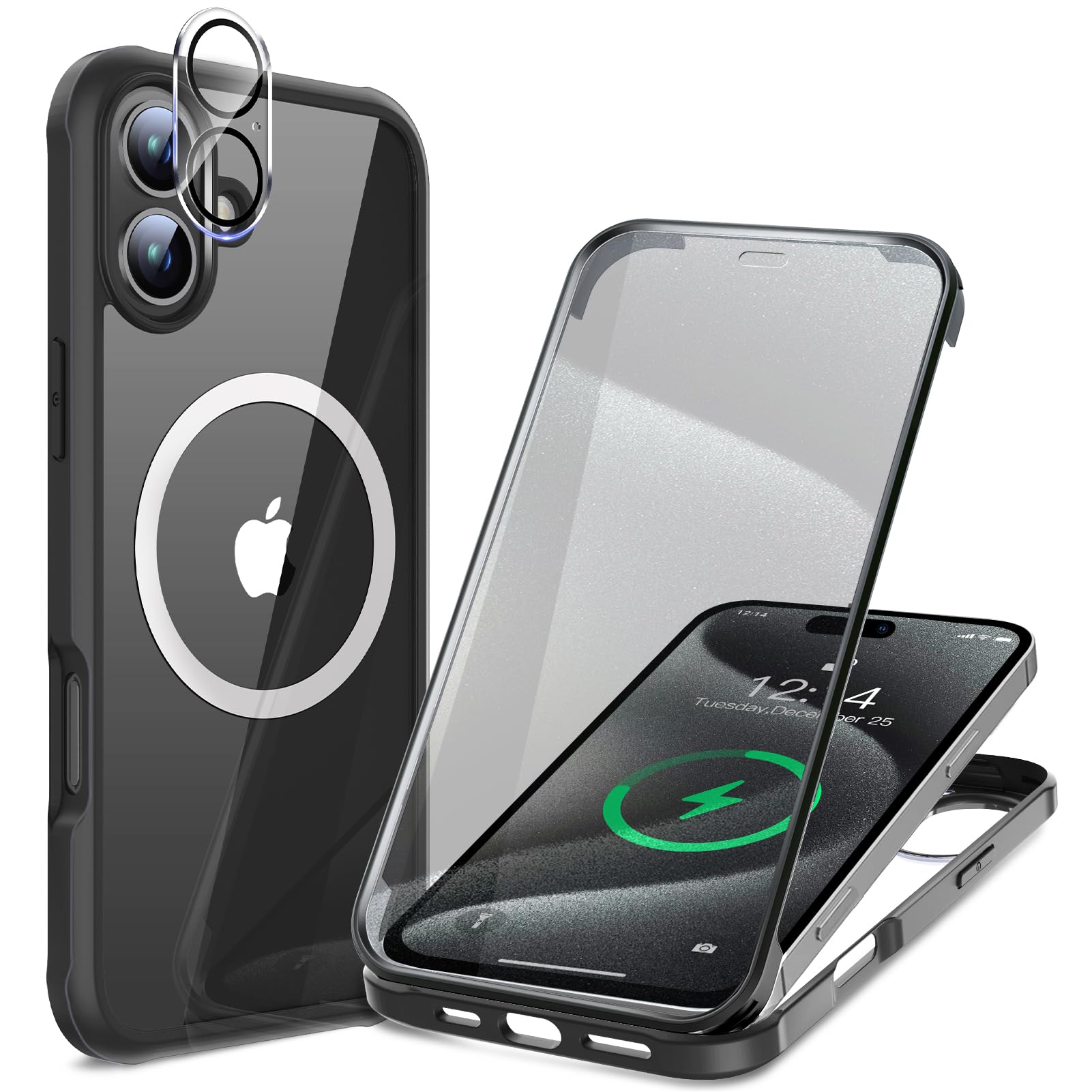 【両面強化ガラス・驚異的な耐衝撃性】HAUTRKBG iPhone 16 用 ケース クリア 全面保護 [MagSafe対応] [カメラフイルムを贈] 高タッチパネル感度 マグセーフ ワイヤレス充電対応 米軍MIL規格取得 耐