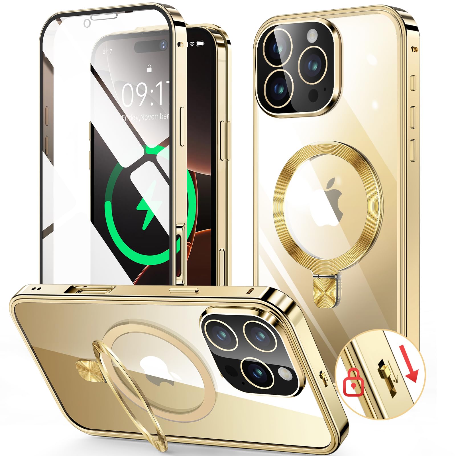 HGUTREY【スタンド機能付き・アクションボタン】 iPhone16 Pro 用 ケース クリア 【ロック付き】【CDリング・MagSafe対応】 9H強化ガラス PC背面 一体型レンズ保護 アイフォン16プロ ケース 両面 ス