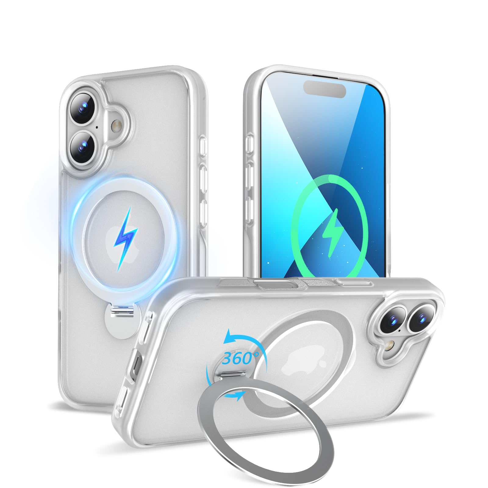 【2024新開発・定点360度回転スタンド】KWATUNG iphone 16 用 ケース MagSafe対応 ワイヤレス充電対応 アイフォン16 用 ケース 隠し収納式スタンド 横縦両立 角度調整 スマホケース iphone 16 用 リング