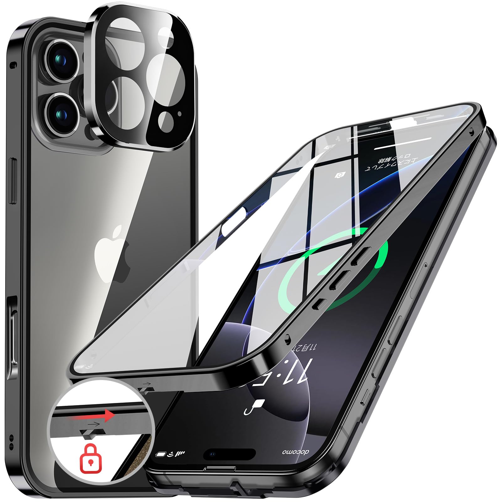 NIANGUO【ロック機能付き・自動ポップアップボタン】 iPhone16 Pro Max 用 ケース クリア 【両面強化ガラス】 9H硬度 【一体型レンズ保護】 アイフォン16プロマックス カバー アルミバンパー メタ