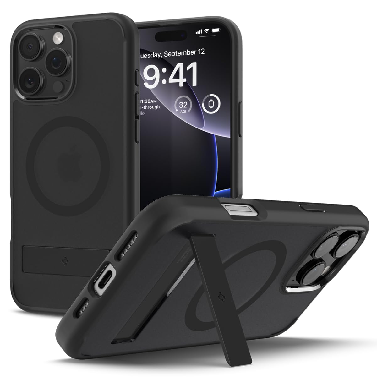 【コンパクトなスタンド付き】Spigen iPhone 16 Pro Max ケース MagSafe対応 半透明 クリア スタンド付き 米軍MIL規格 ウルトラ・ハイブリッドS・マグフィット ACS08377 (フロスト・ブラック)|T.M.Bストア