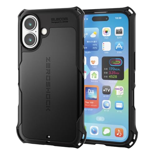 エレコム iPhone 16 ケース 耐衝撃 衝撃吸収 ZEROSHOCK [フィルム付き] ハニカム構造 4つ角ダンパー ストラップホール付き ワイヤレス充電対応 ブラック PM-A24AZEROBK