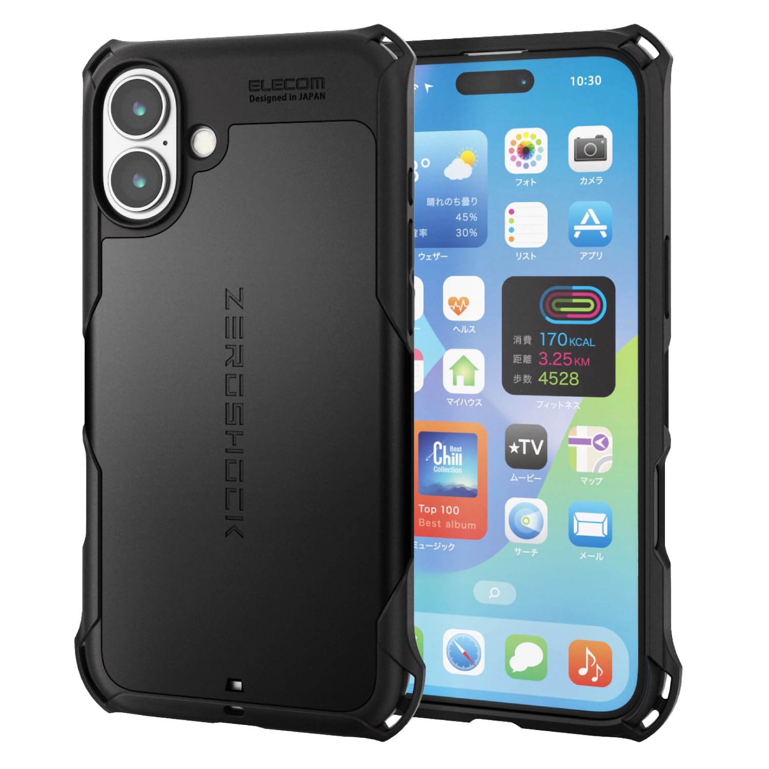 エレコム iPhone 16 Plus ケース 耐衝撃 衝撃吸収 ZEROSHOCK [フィルム付き] ハニカム構造 4つ角ダンパー ワイヤレス充電対応 ストラップホール付き ブラック PM-A24BZEROBK