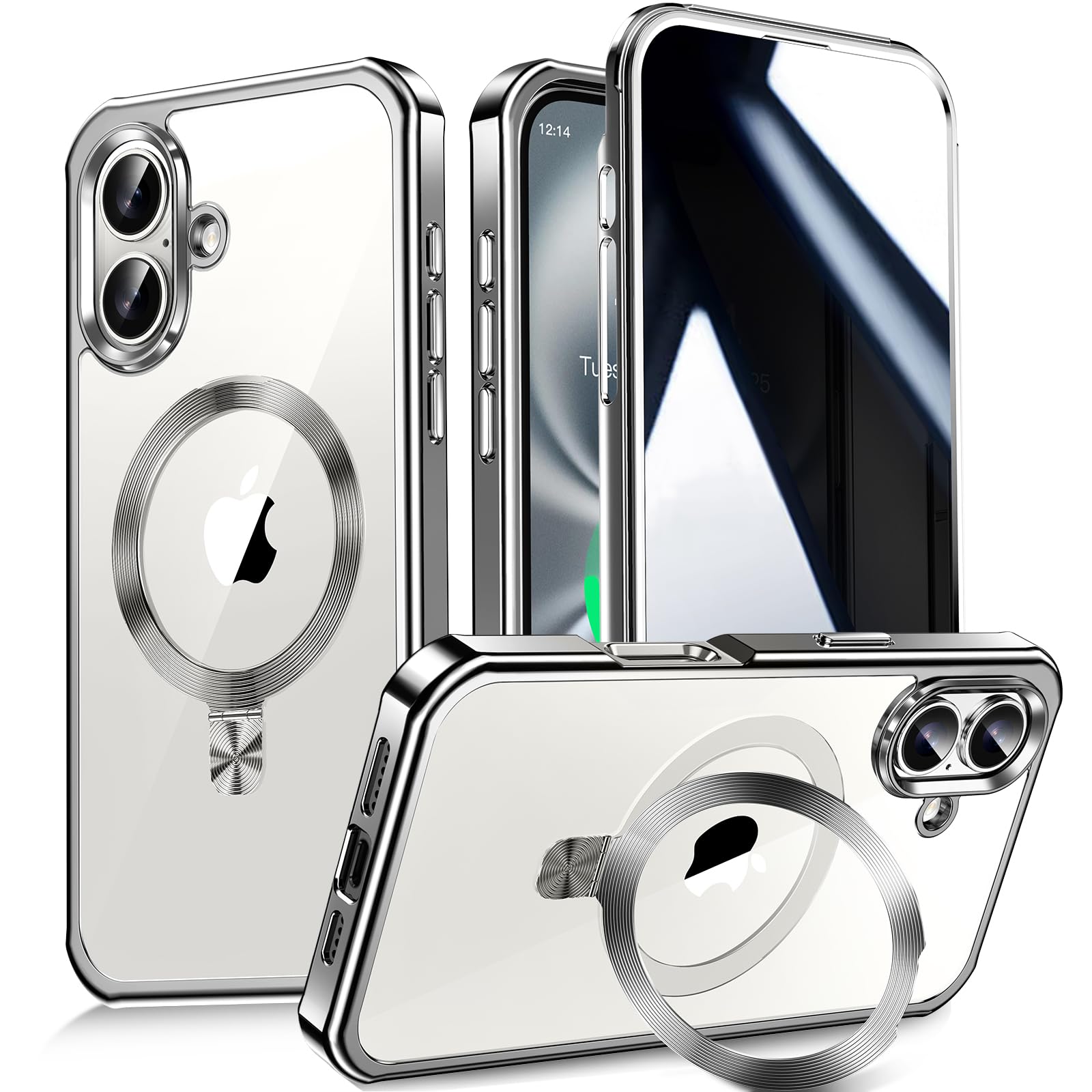 【多機能隠しスタンド・Magsafe対応+覗き見防止】WTAIYUN iPhone 16 用 ケース 全面保護 CDリング 縦横両対応 ワイヤレス充電対応 米軍 MIL規格 耐衝撃 高感度タッチ 両面 いphone16 カバー ストラップ