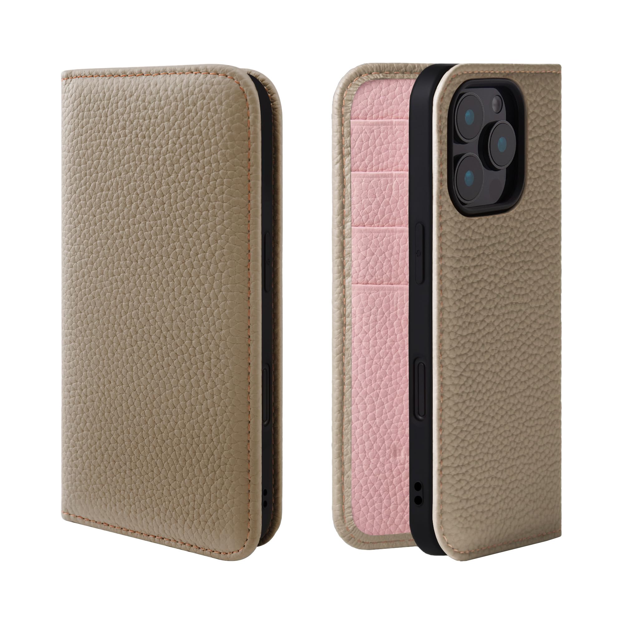 HANATORA iPhone16Pro ケース 手帳型 本革 スマホケース スマホ スタンド コードホルダー 付き シュリンクカーフレザー ギフト マグネットなし グレージュ + ピンク PH-16Pro-Grege-PK｜T.M.Bストア 15,719円