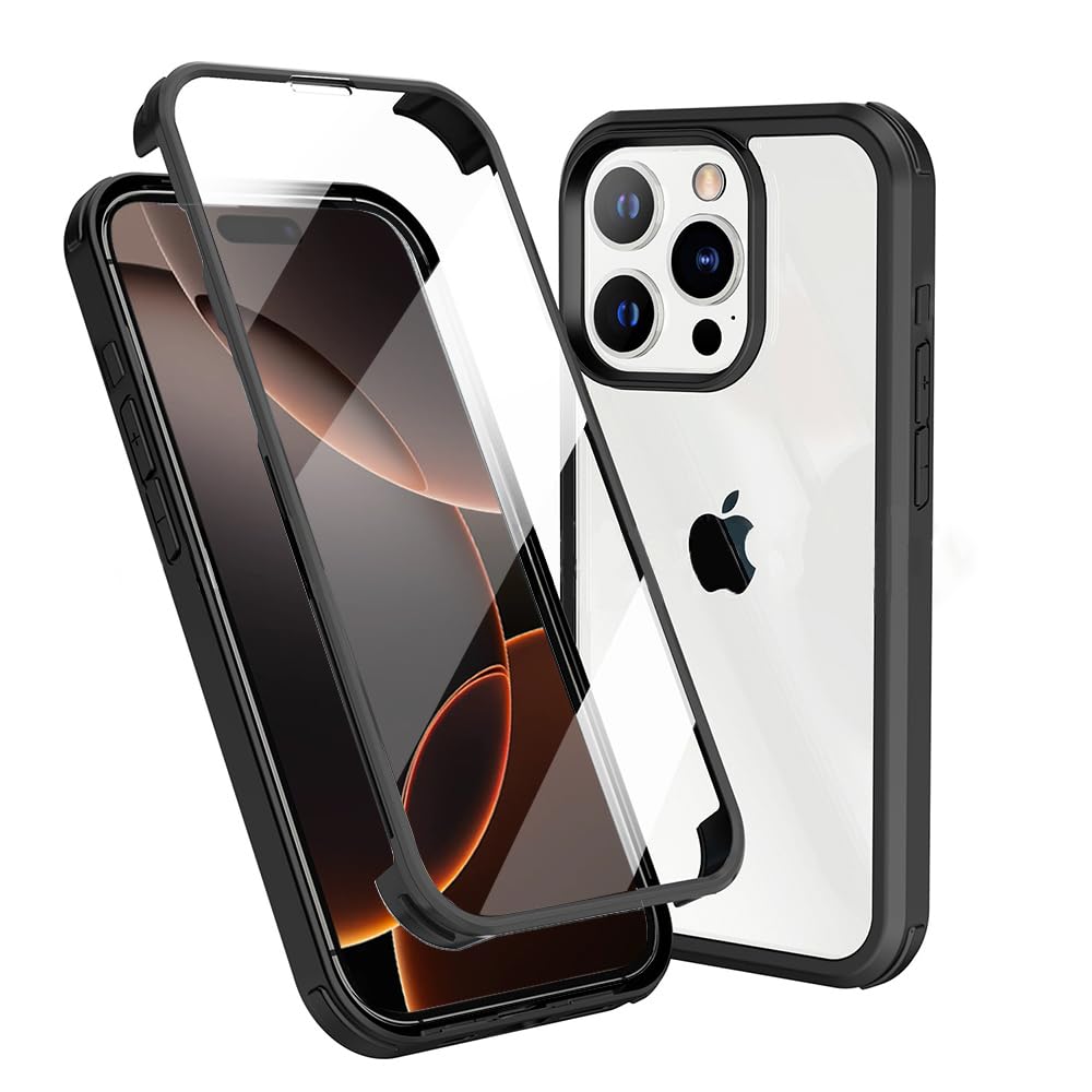 MQman iPhone16 Pro Max ケース 両面透明 前面ガラス+背面PCプレート 360°全面保護 100％画面タッチ感度 耐衝撃 強化ガラス フロント+バックプレート 軽量 ワイヤレス充電対応 前後 両面 カバー (ブ