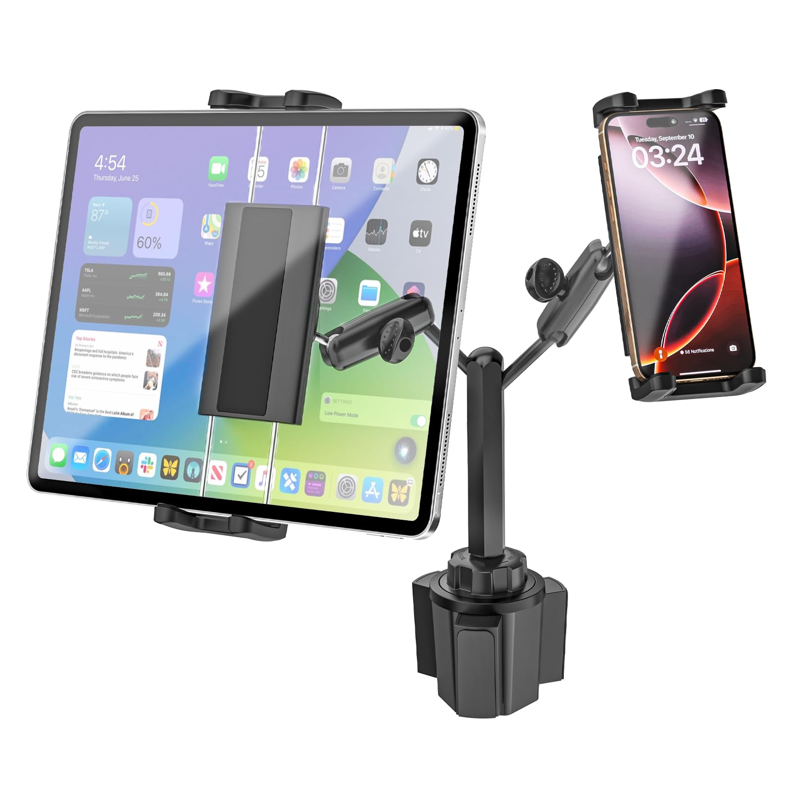 Kolasels タブレットホルダー 車 ドリンクホルダー【強化金属アーム＆最強の安定】カップホルダー 車 タブレット スタンド デュアルデバイス使用 車載デュアルタブレットホルダー スマホホ