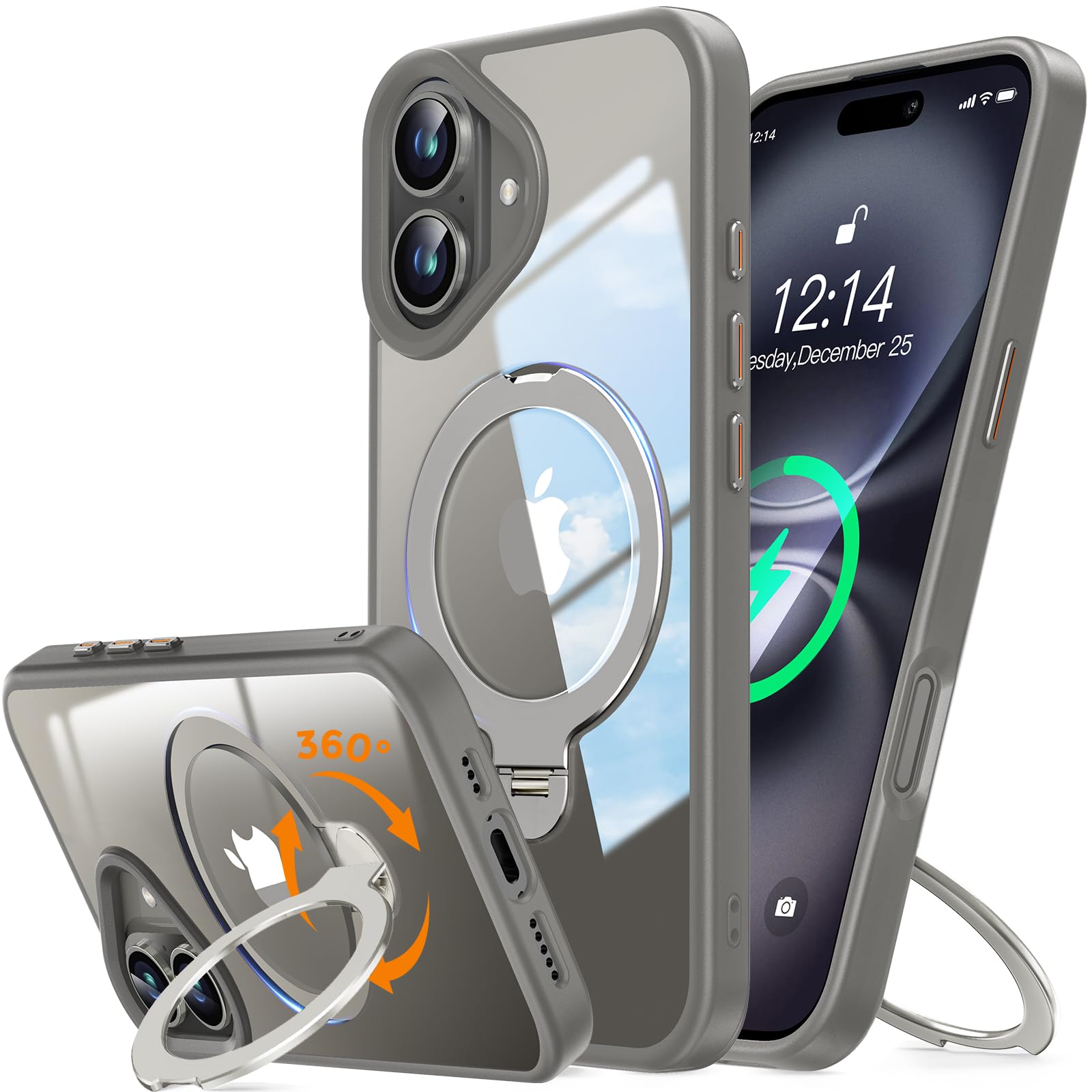 [360°ゼンマイ式スタンド！伝統を破る！]Rosycover iPhone 16 Plus 用 ケース クリア Magsafe 対応 [定点回転スタンド・超絶安定性][極透明・美しさを還元]マグセーフ ワイヤレス充電対応 アイホン16