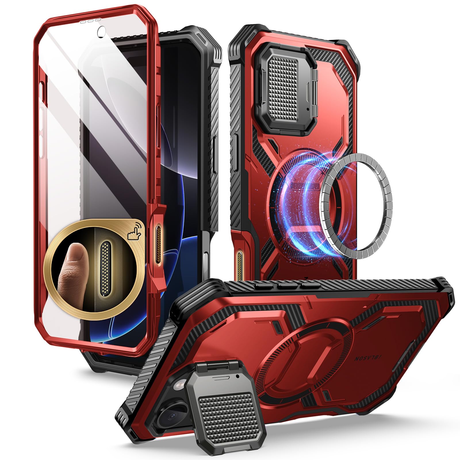 i-Blason iPhone 16 Pro ケース 2024 全面保護 カメラレンズ保護 カメラコントロールボタン 軍用耐衝撃 マグネット式 MagSafe対応 ケースと液晶保護フィルム一体型 スタンド機能 充電孔塞付き 防塵 ｜T.M.Bストア