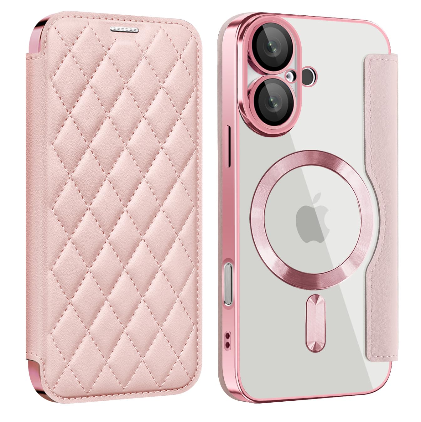 iPhone 16 Plus ケース 手帳型 MagSafe対応 キルティング 背面透明 クリア 可愛い 女性 手帳 iPhone16 Plus ケース チェエック 格子柄 ゴージャス カード収納 財布型,ピンク