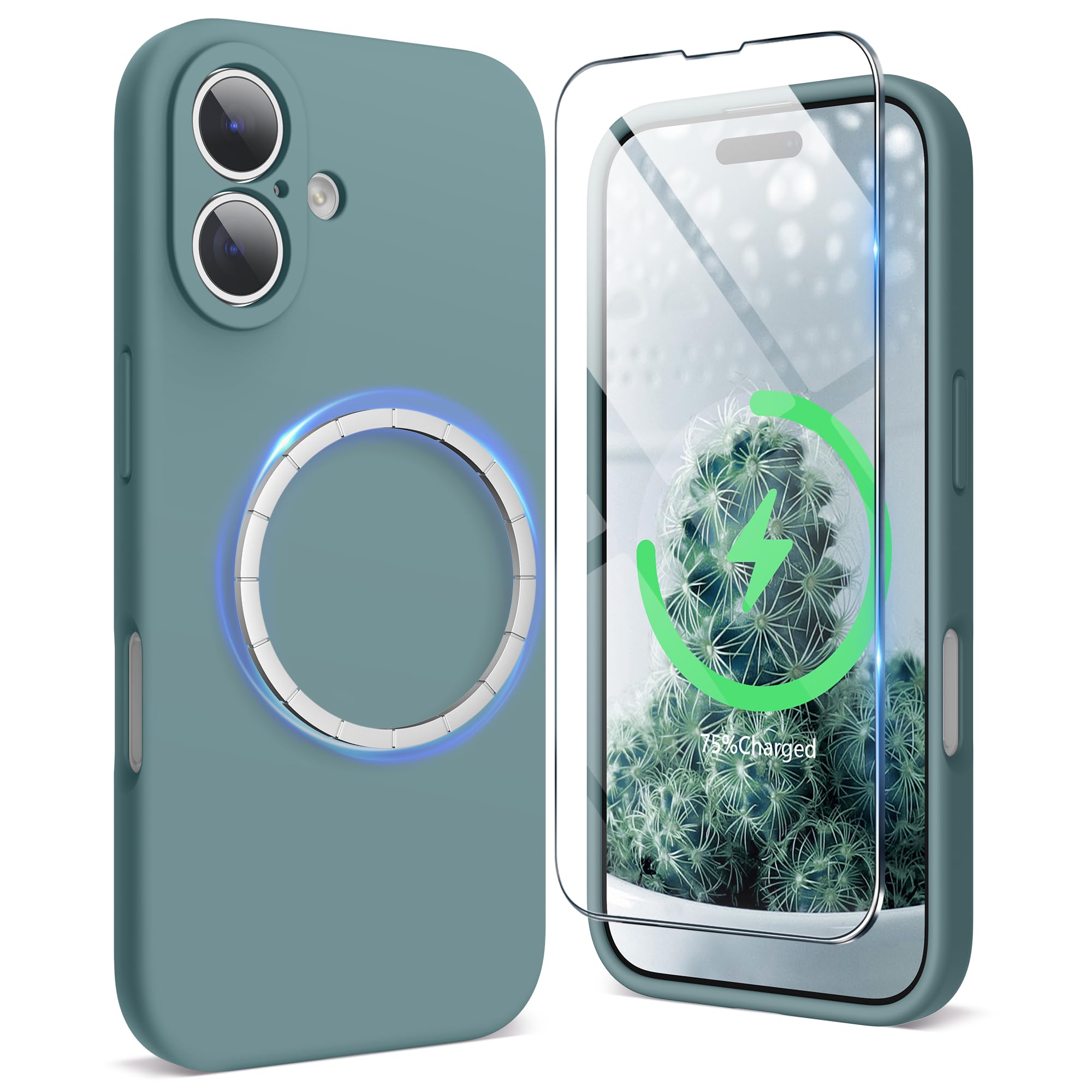 SURPHY iPhone 16用ケース シリコン MagSafe対応，フィルム付き 6.1インチ対応(2024) 携帯ケース iphone16(カメラの全面保護) マグネット搭載 iPhone16用ソフトカバー(サボテングリーン)