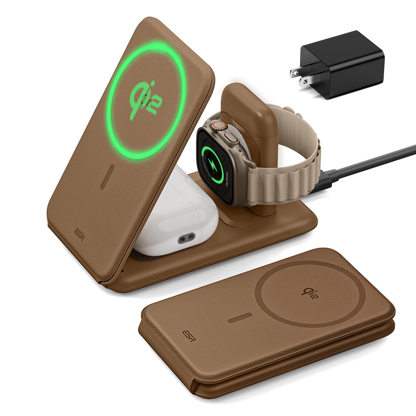 ESR Qi2 3-in-1ワイヤレス充電器 iPhone & Apple Watch用Qi2 MagSafe充電スタンド[認証] iPhone 16/15/14/13/12 & Watch & AirPods 4/3/AirPods Pro用トラベル充電器 茶色