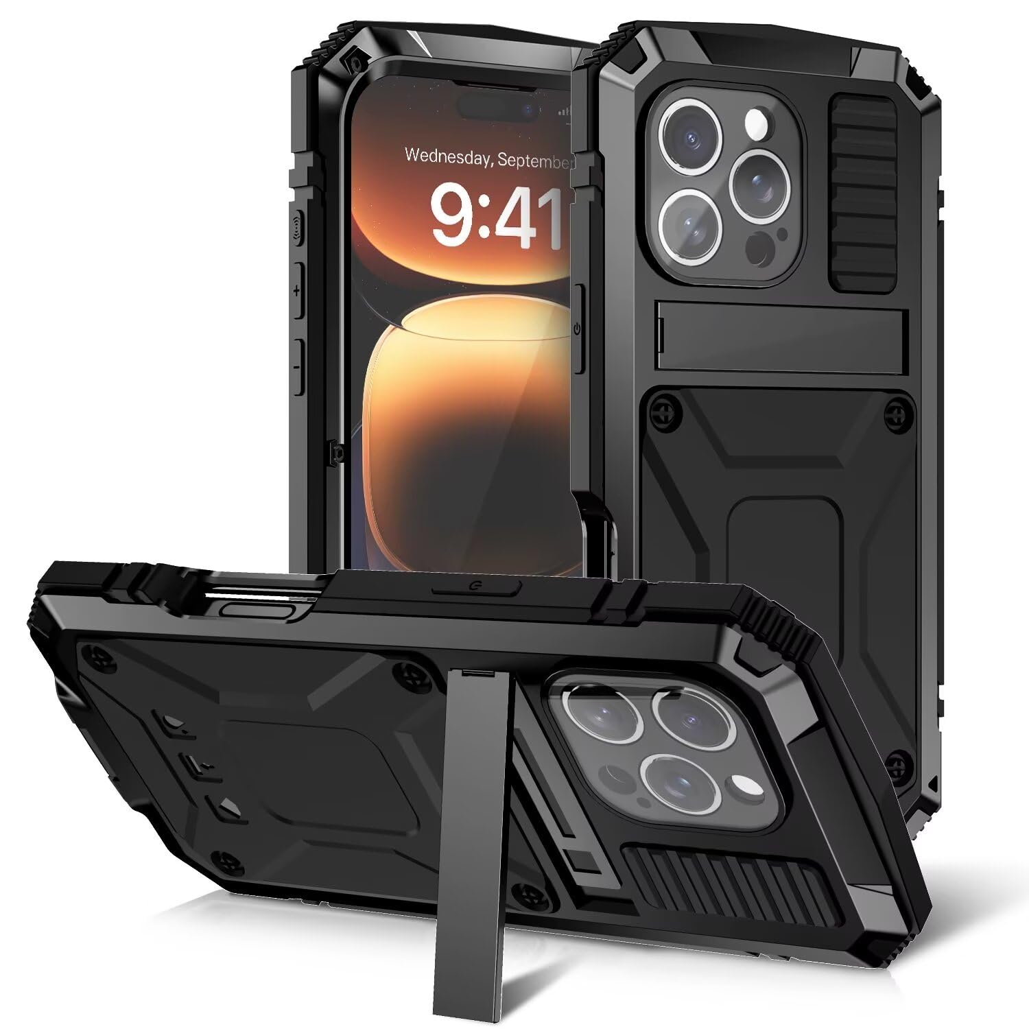 耐衝撃 iPhone 16 Pro Max ケース 最強級金属合金 スタンド機能 iPhone16promax 軍用ケース 頑丈 強化ガラス内蔵 強力保護 生活防水 アルミバンパー 防塵 アウトドア 三防アルミケース ストラップ付