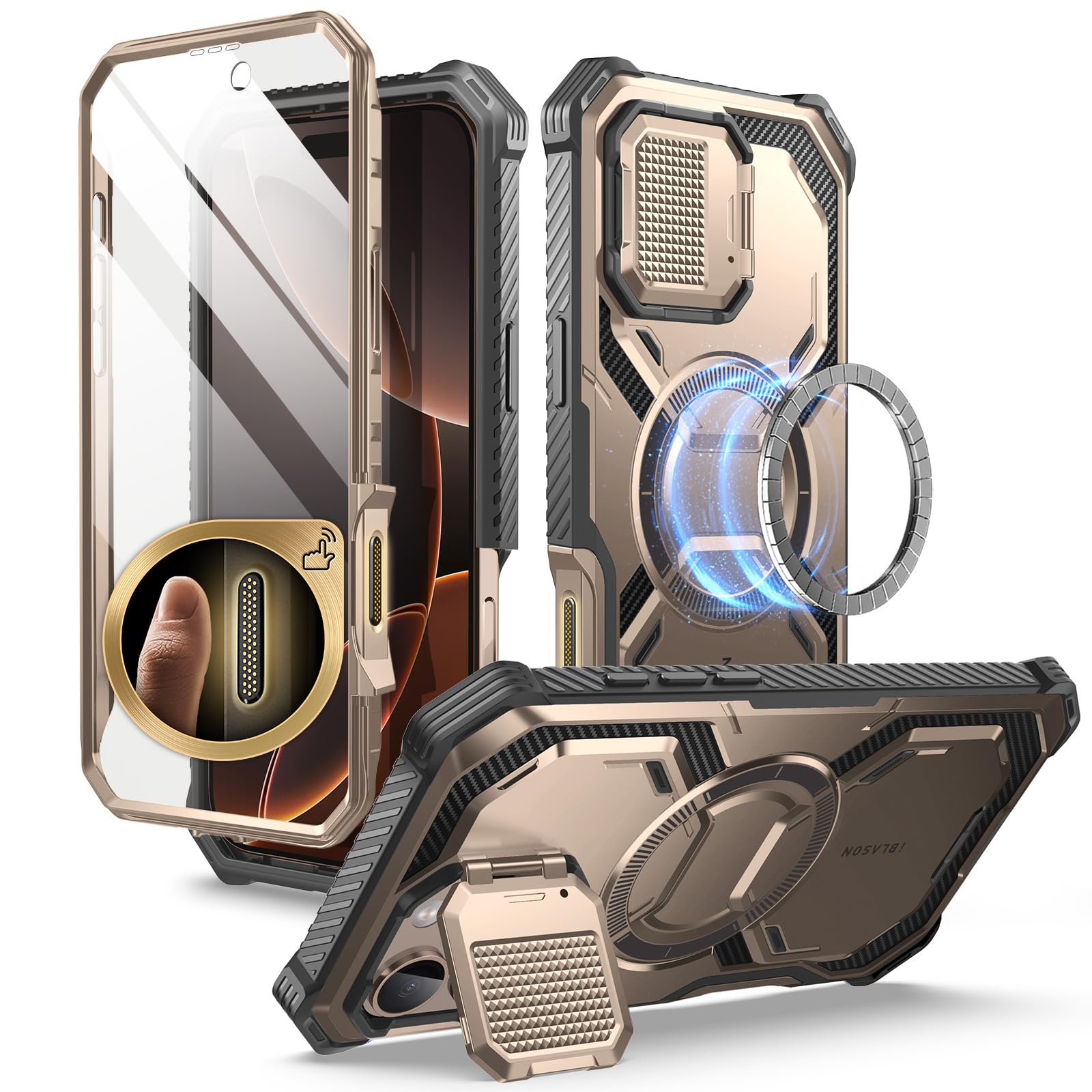 i-Blason iPhone 16 Pro Max ケース 2024 全面保護 カメラレンズ保護 カメラコントロールボタン 軍用耐衝撃 マグネット式 MagSafe対応 ケースと液晶保護フィルム一体型 スタンド機能 充電孔塞付き 防