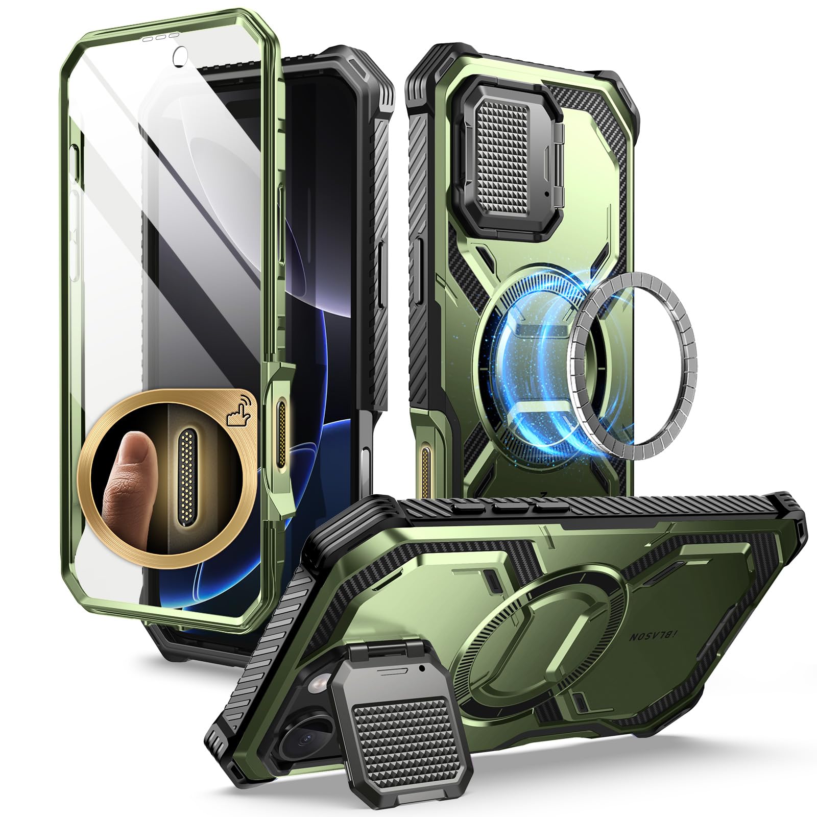 i-Blason iPhone 16 Pro Max ケース 2024 全面保護 カメラレンズ保護 カメラコントロールボタン 軍用耐衝撃 マグネット式 MagSafe対応 ケースと液晶保護フィルム一体型 スタンド機能 充電孔塞付き 防
