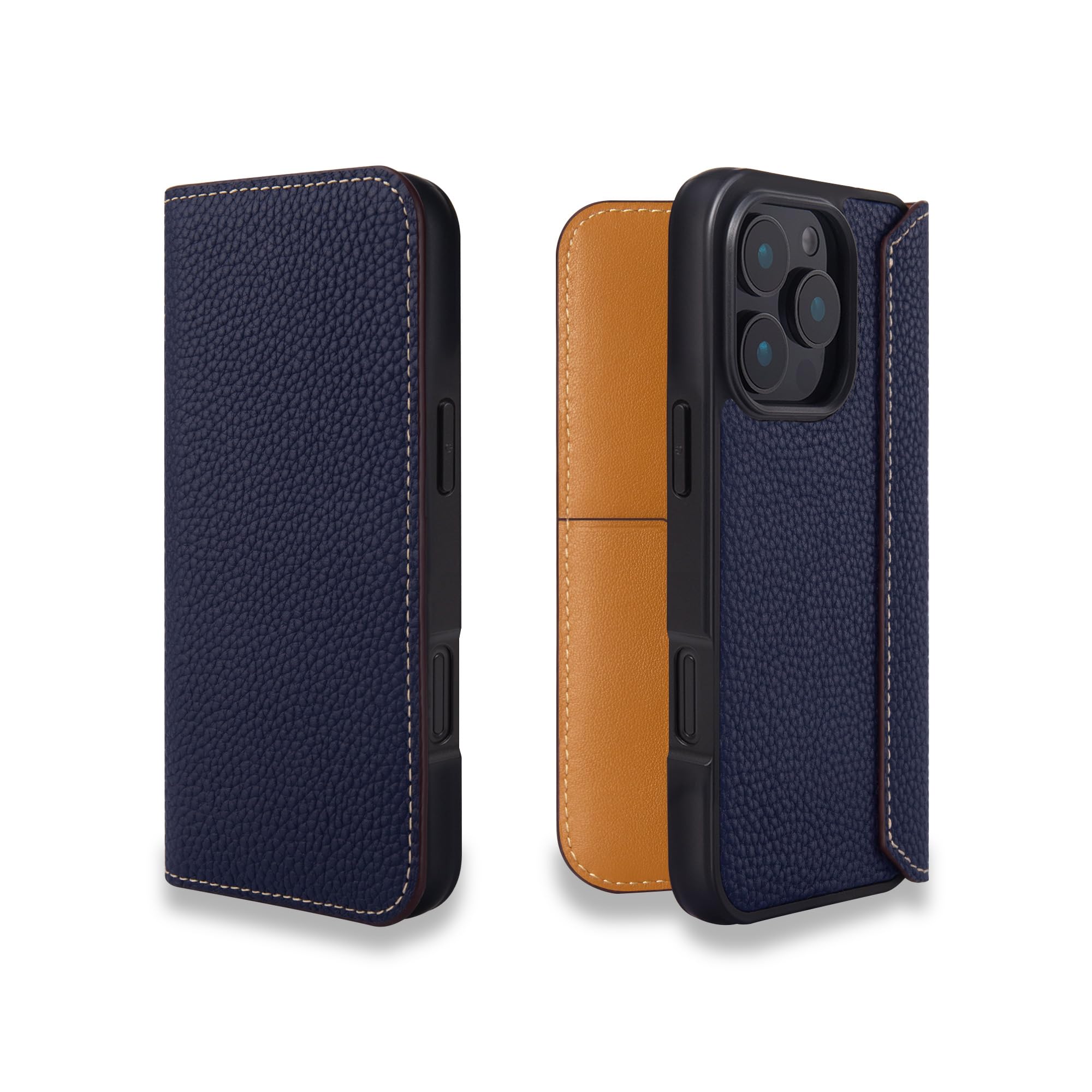 COGURE コグレ iPhone16Pro 手帳型 ケース ダイアリーケース スマホケース 本革 シュリンクカーフレザー カード入れ ABS&TPU衝撃保護ケース 耐衝撃 磁石なし ギフトボックス付き COGPH ネイビー