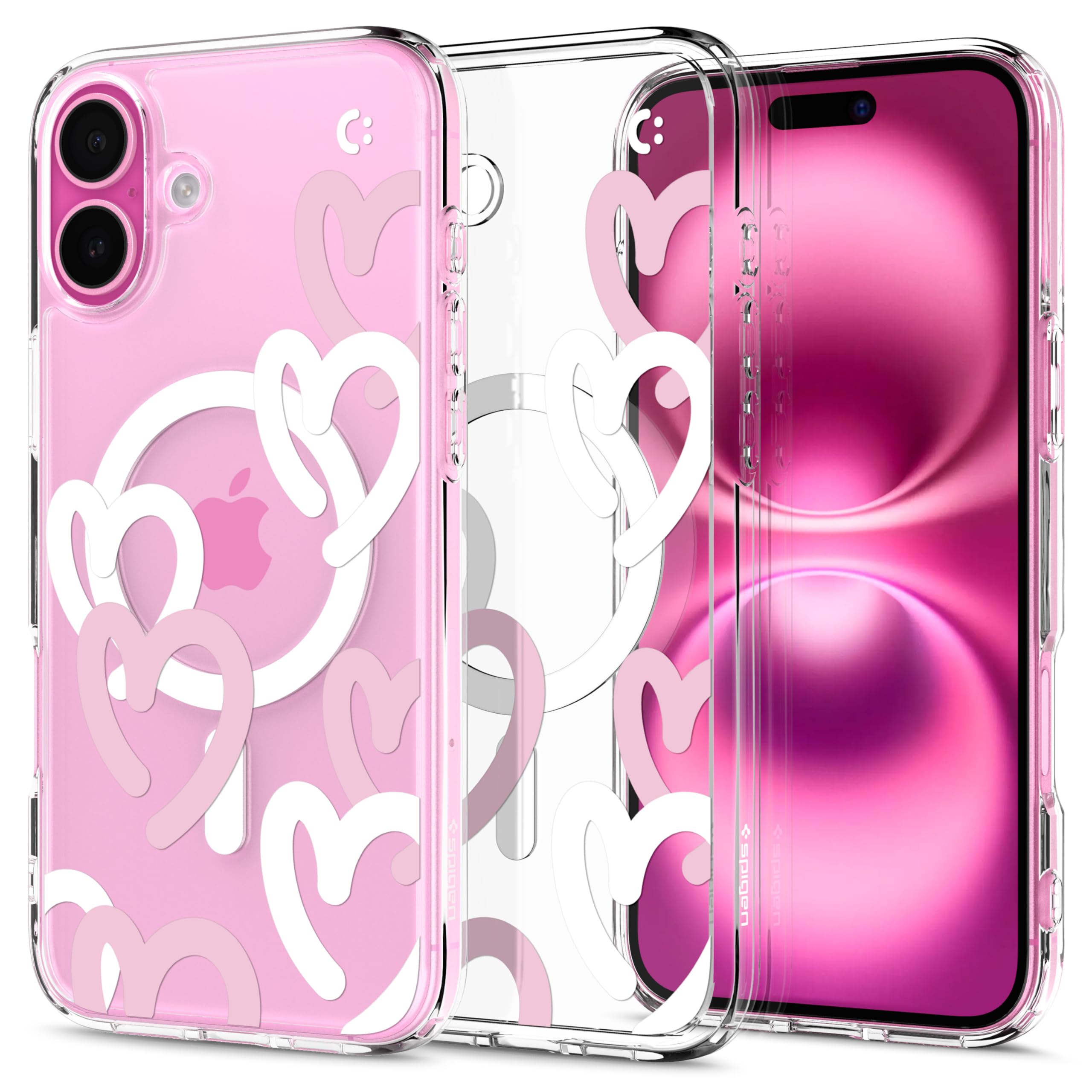 Spigen iPhone 16 ケース クリア MagSafe対応 耐衝撃 ストラップホール 黄変防止 バンパー 米軍MIL規格 ウルトラ・ハイブリッド・マグフィット ACS08280 (ハート・ホワイト・ピンク)