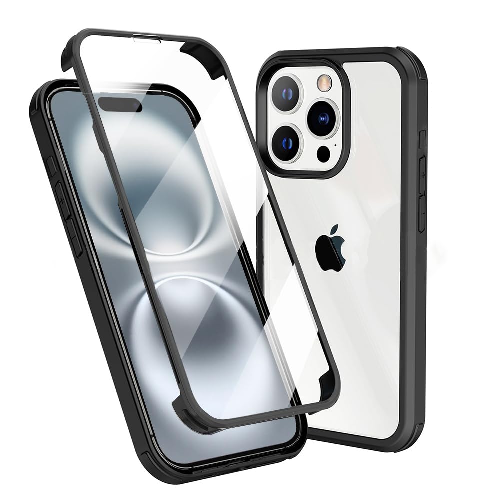 MQman iPhone16 ケース 両面透明 前面ガラス+背面PCプレート 360°全面保護 100％画面タッチ感度 耐衝撃 強化ガラス フロント+バックプレート 軽量 ワイヤレス充電対応 前後 両面 カバー (ブラック,