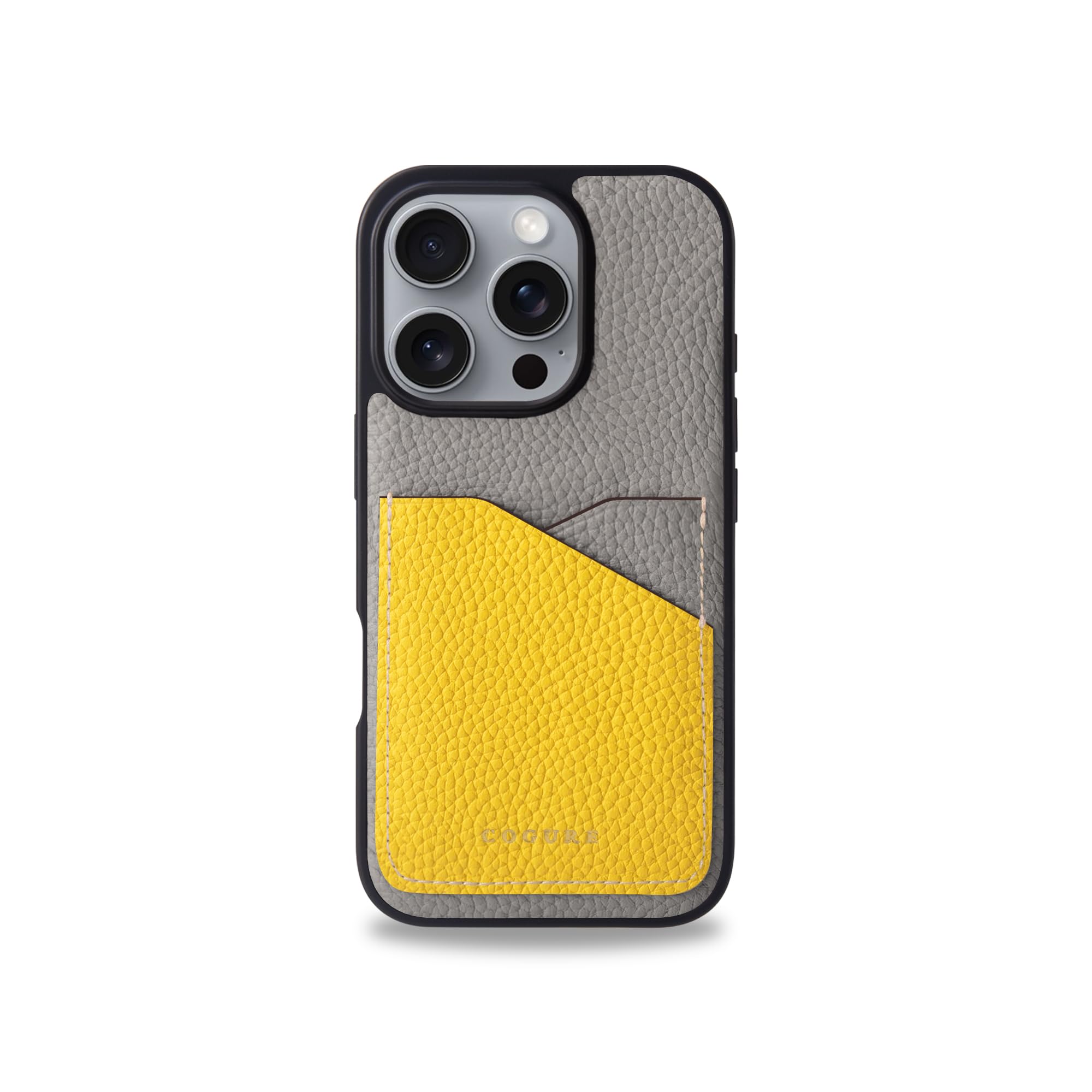 COGURE コグレ iPhone16Pro ケース 本革 シュリンクカーフレザー カード入れ シンプル おしゃれ ギフトボックス付き COPC2 グレージュ+イエロー|T.M.Bストア
