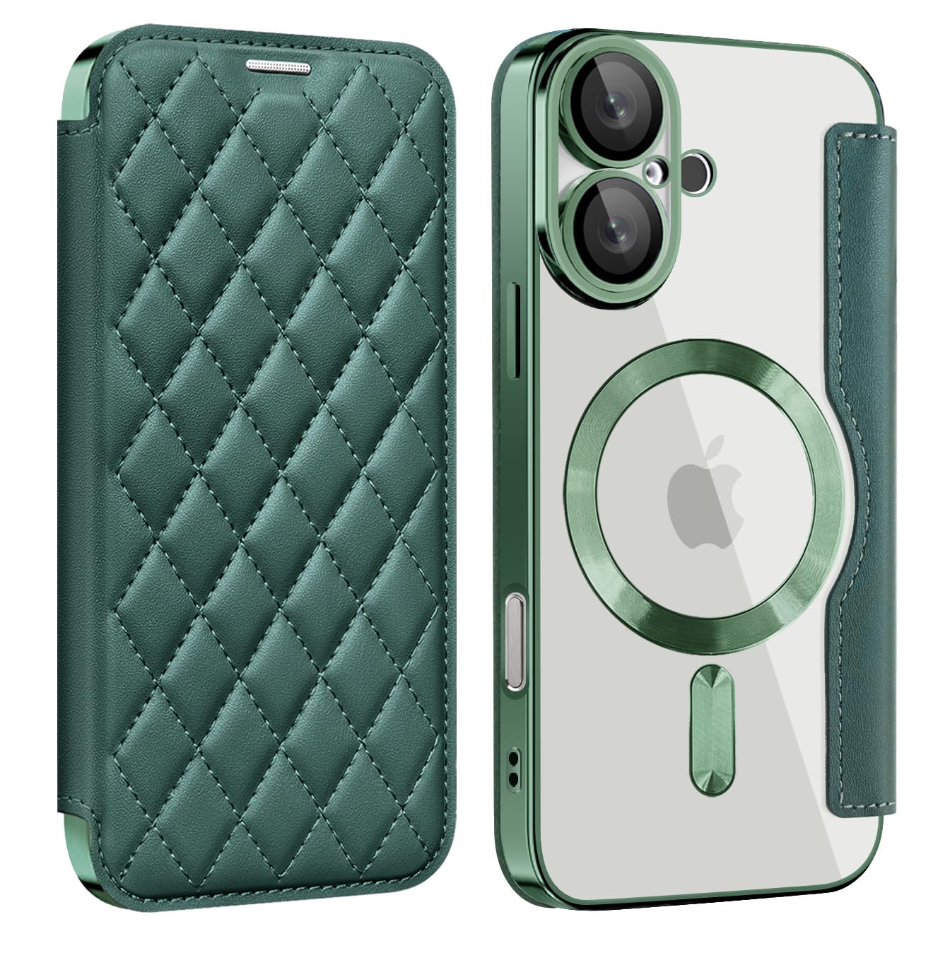 iPhone 16 Plus ケース 手帳型 MagSafe対応 キルティング 背面透明 クリア 可愛い 女性 手帳 iPhone16 Plus ケース チェエック 格子柄 ゴージャス カード収納 財布型,深緑