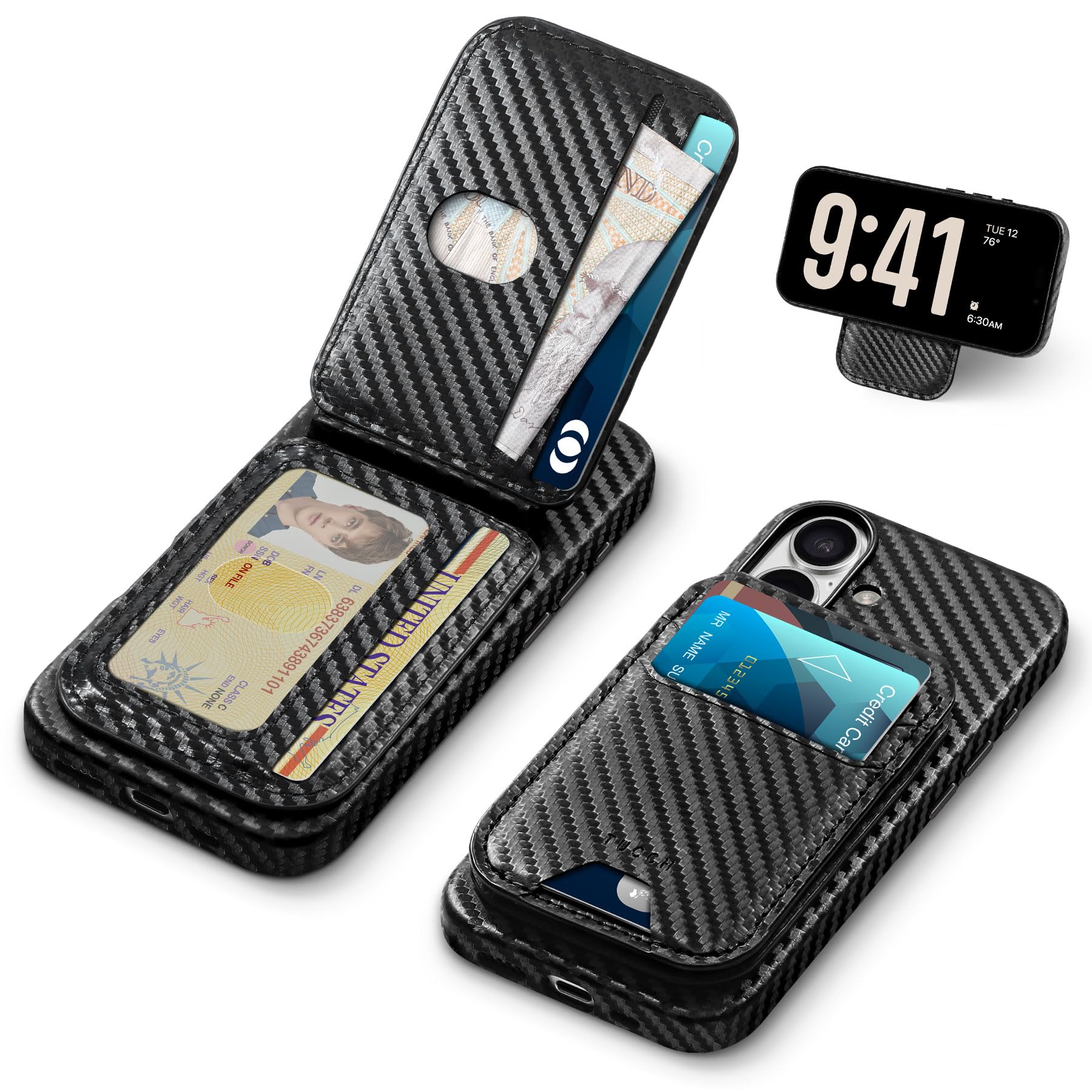 TUCCH iPhone16 対応 ケース PUレザー 折畳式カードケース付き あいふぉん16ケース 背面カード収納 軽量 薄型 取り外し可能 磁気吸着 ワイヤレス充電対応 [RFIDブロッキング] 横置きスタンド機能 P