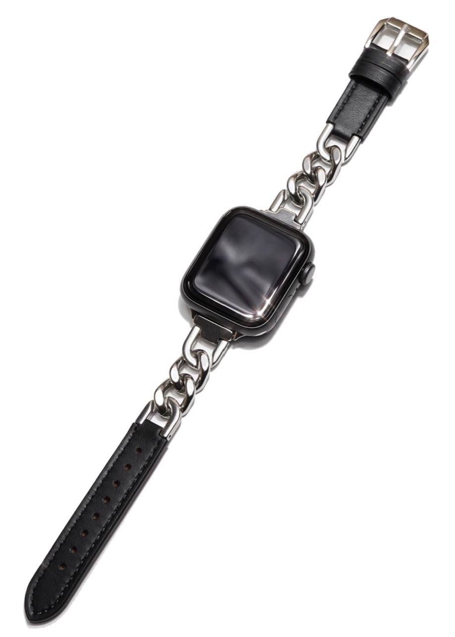 Royce\u0026Roland Apple watch チェーン店 \u0026 なめし革 胴締め 格好のいい アップルウォッチ 時辰儀 ダンス楽隊 (ステンレス鋼/しろがね色 本革) レディース 差し上げ物 差し上げ物 (44粍 45粍 46粍 49粍, しろがね色/黒いこと)