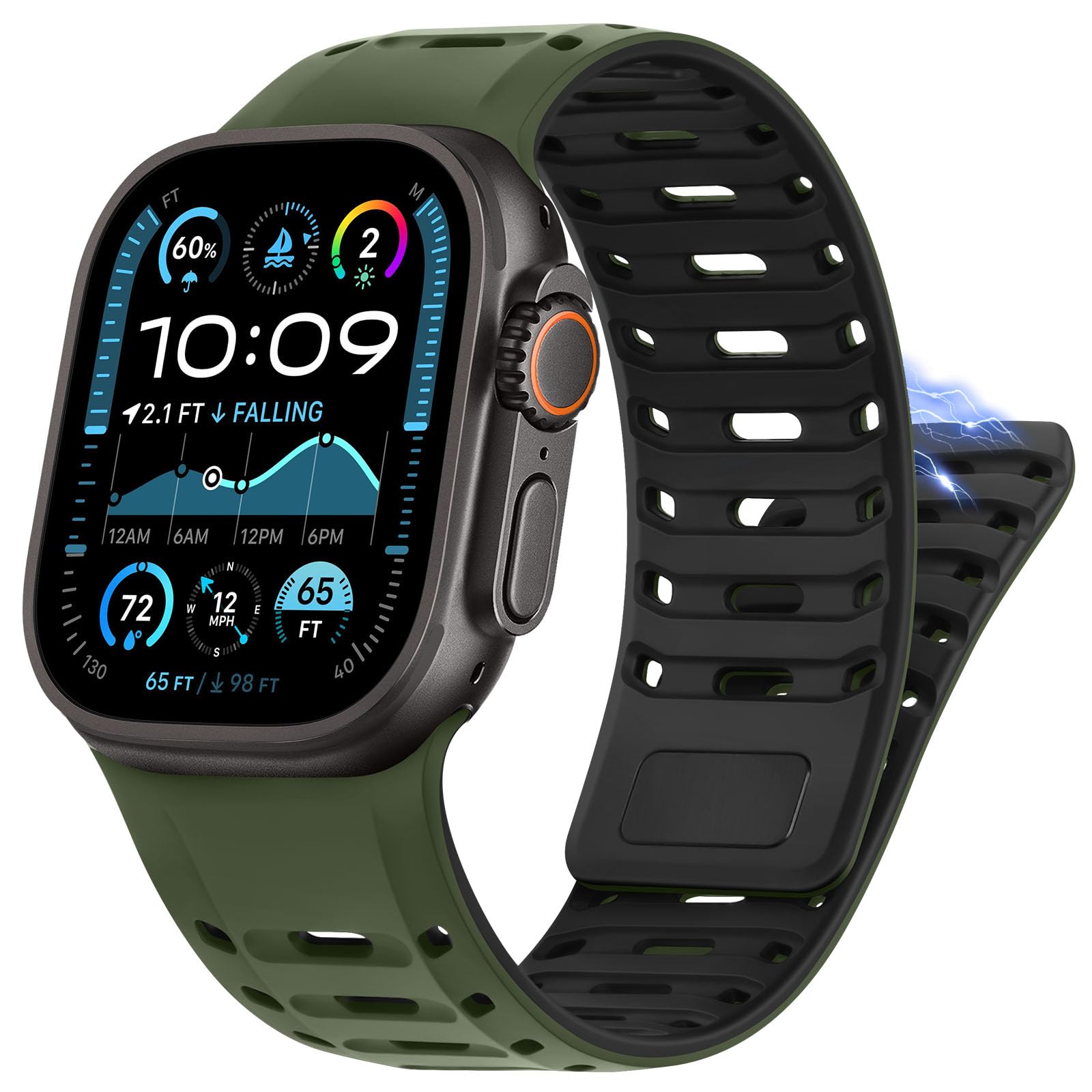 [HITZEE] スポーツ Band コンパチブル Apple Watch バンド 49mm/46mm/45mm/44mm/42mm（シリーズ 3），シリコン磁気メンズバンド Apple Watch Ultra 2 Ultra シリーズ 10 9 8 7 SE 6 5 4 3 2 1 に対応，グリーン/ブラック