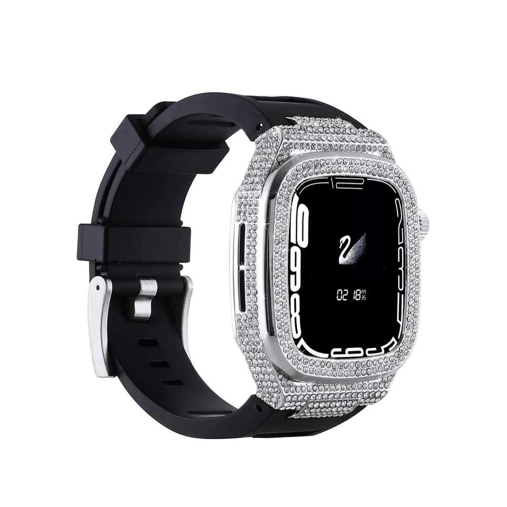 ステンレススチール ストロングアーマー ウォッチケース + キラキラダイヤモンド + シリコンバンド Apple Watch 44mm 45mm用 (ブラック+シルバー)|T.M.Bストア