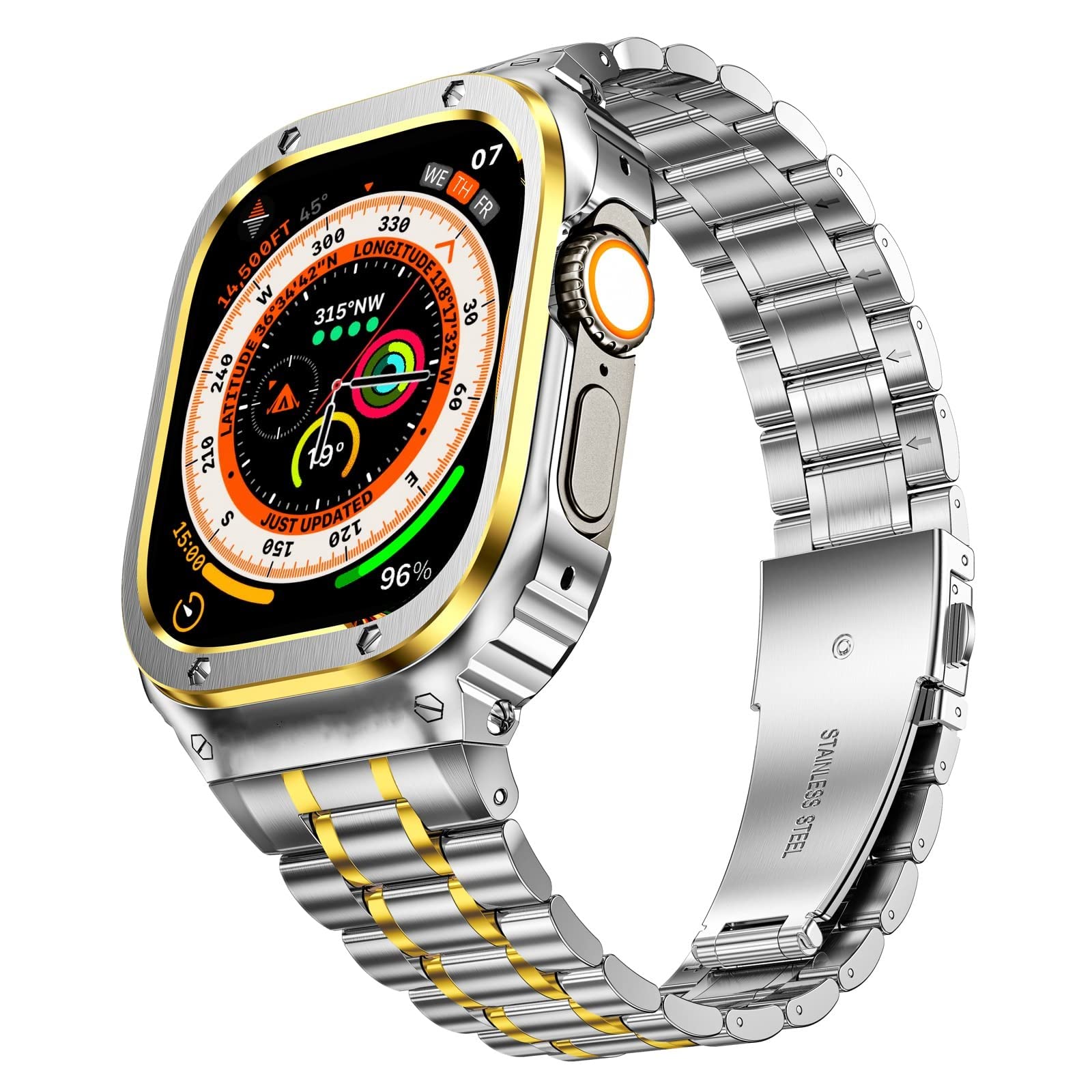 MioHHR ステンレススティール製バンド、ケース互換性 Apple Watch Bands 49mm,金属製保護バンパーカバー付き頑丈なストラップ iWatch Ultra 2 1 男性用. (銀金)｜T.M.Bストア