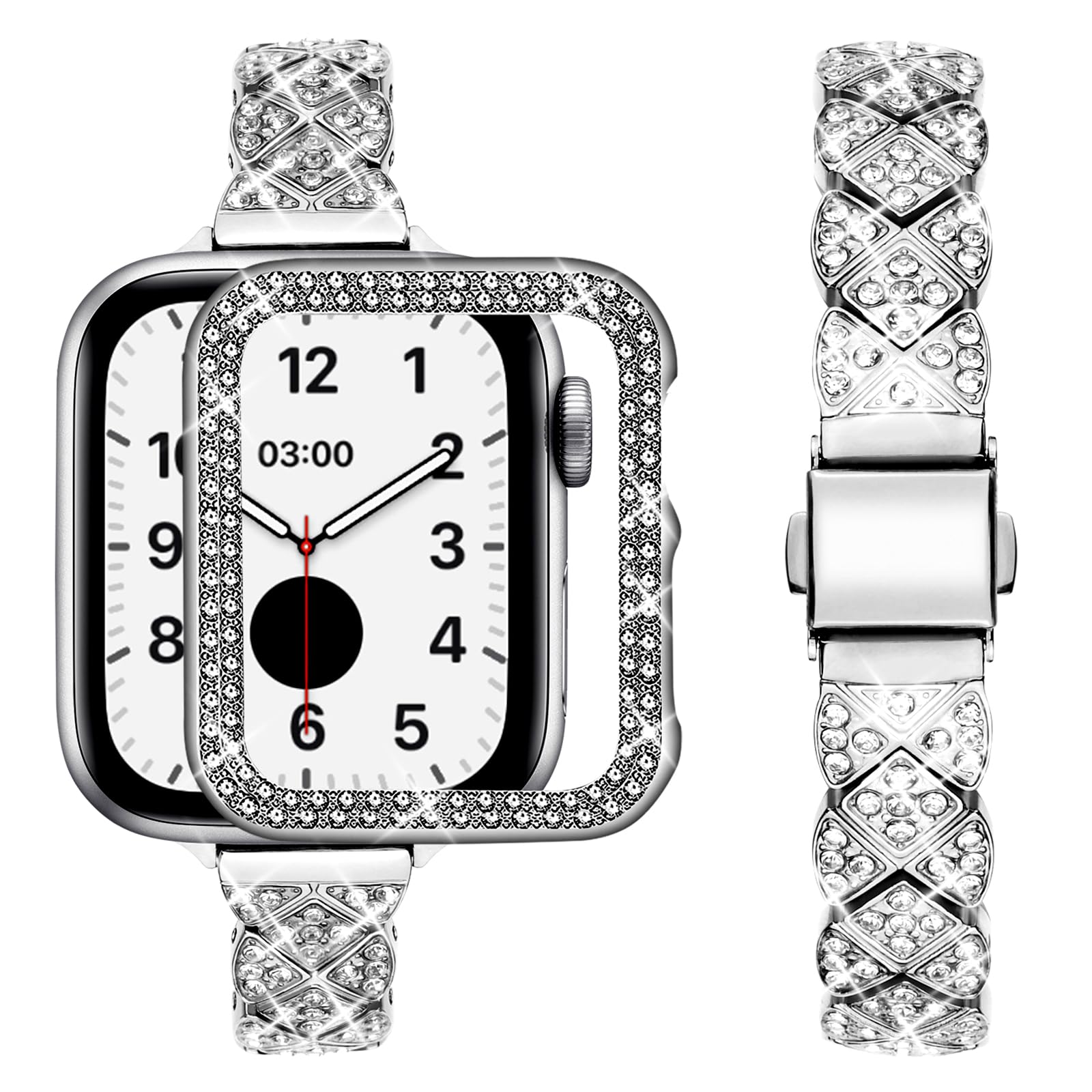 [wutwuk] Apple Watch レディース ブレスレット 38 mm グリッター Apple Watch 3 ブレスレット 38 mm 保護ケース付き スリムメタルブレスレット iWatch 1 2 3 用 キラキララインストーン付き 女性用 シルバー｜T.M.Bストア