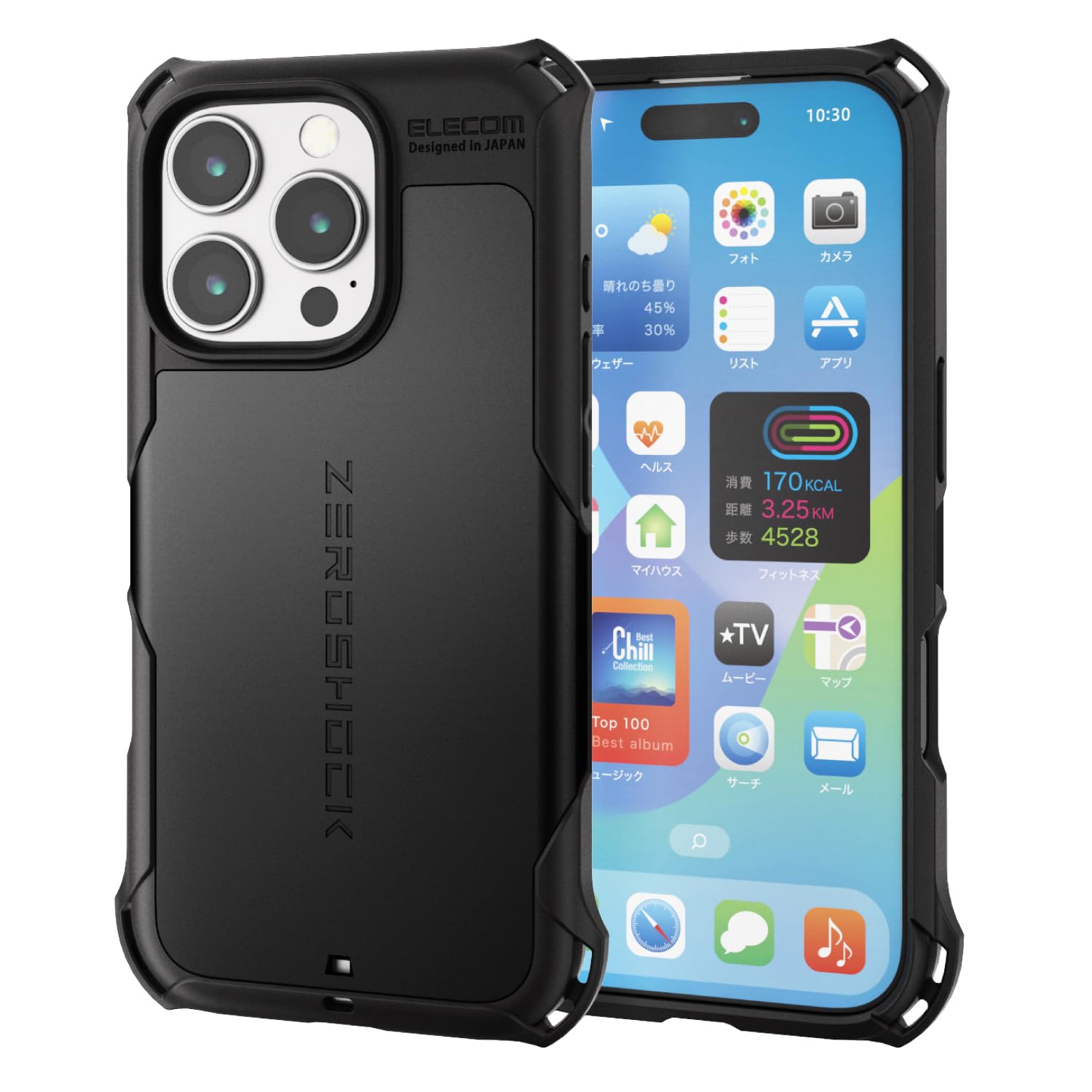 エレコム iPhone 16 Pro ケース 耐衝撃 衝撃吸収 ZEROSHOCK [フィルム付き] ハニカム構造 4つ角ダンパー ワイヤレス充電対応 ストラップホール付き ブラック PM-A24CZEROBK