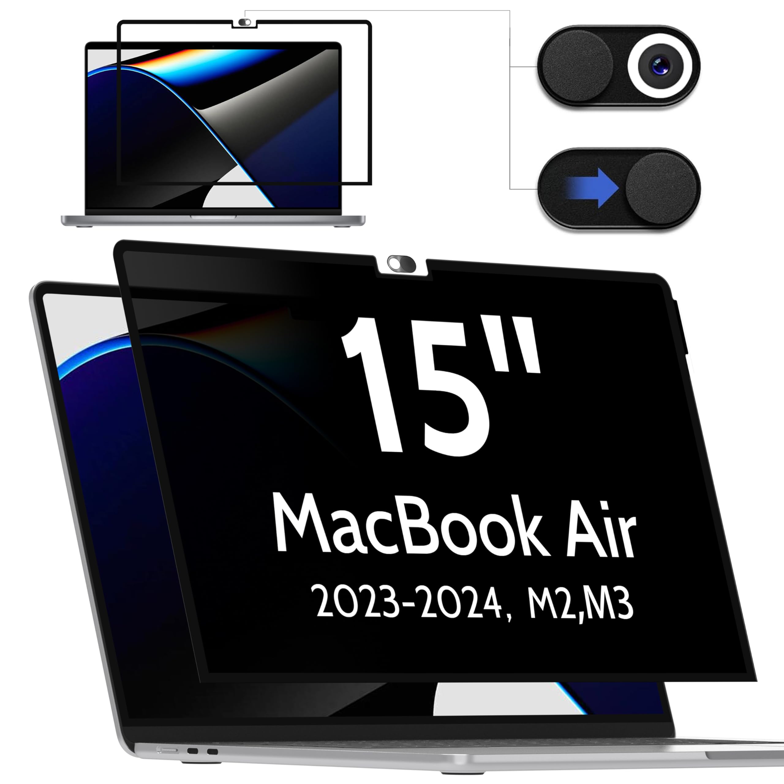 MacBook Air 15in (2023-2024、M2, M3) 用覗き見押しとどめる、分かりやすいにオン/オフ、取りはずし能力のある へばり付く式 秘め事ろ過器 のぞき見押しとどめる 写真フィルム 反響させる押しとどめる ブルーライトカット 、Mac Pro 16in用ラ ケース・カバー-スマートフォン・タブレット-スマートフォン・携帯電話アクセサリー