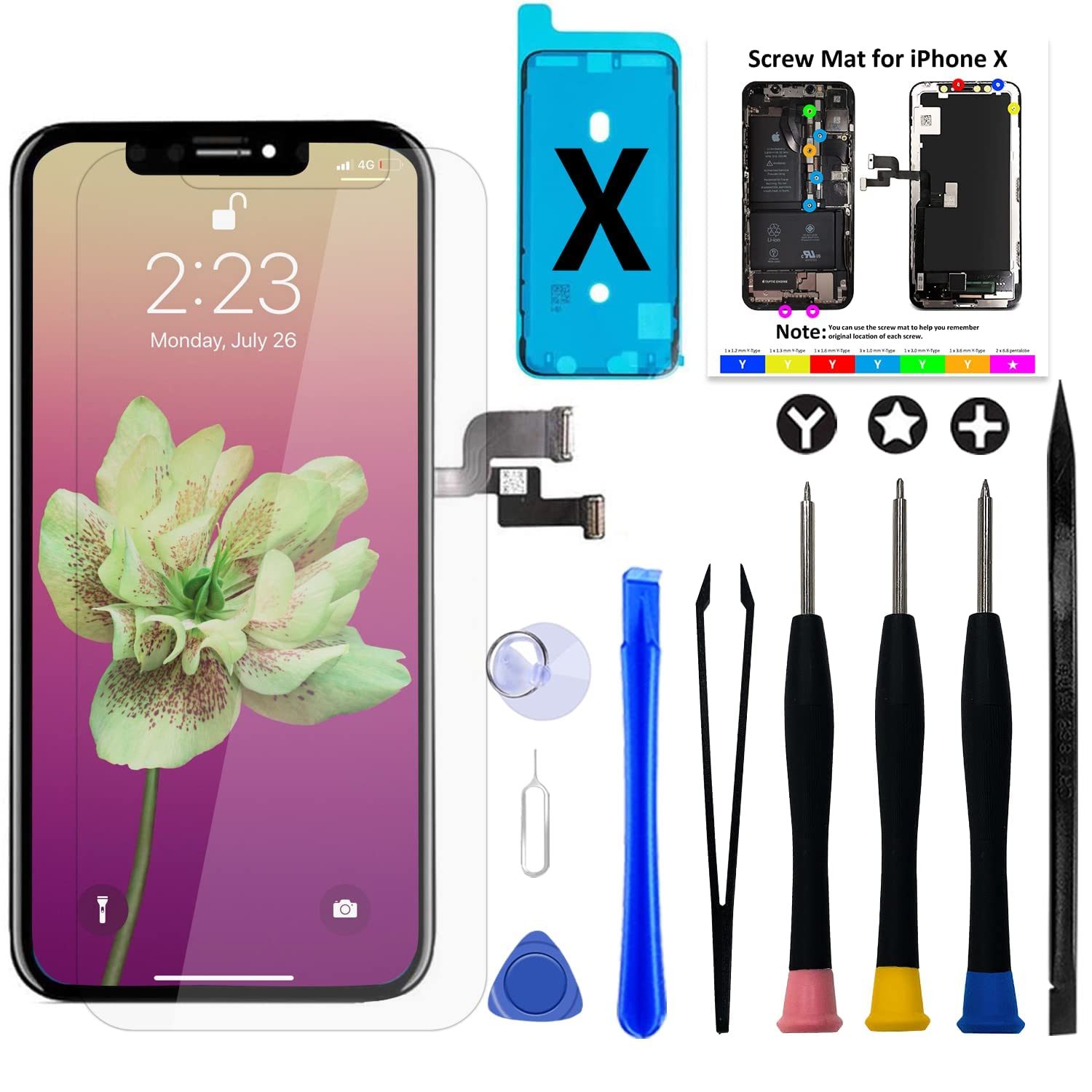 Brinonac iPhone X OLED 液晶パネル [LCD液晶パネルではなく] 画面交換キット - 5.8インチ、3Dタッチ対応 - 修理工具と保護フィルム付き