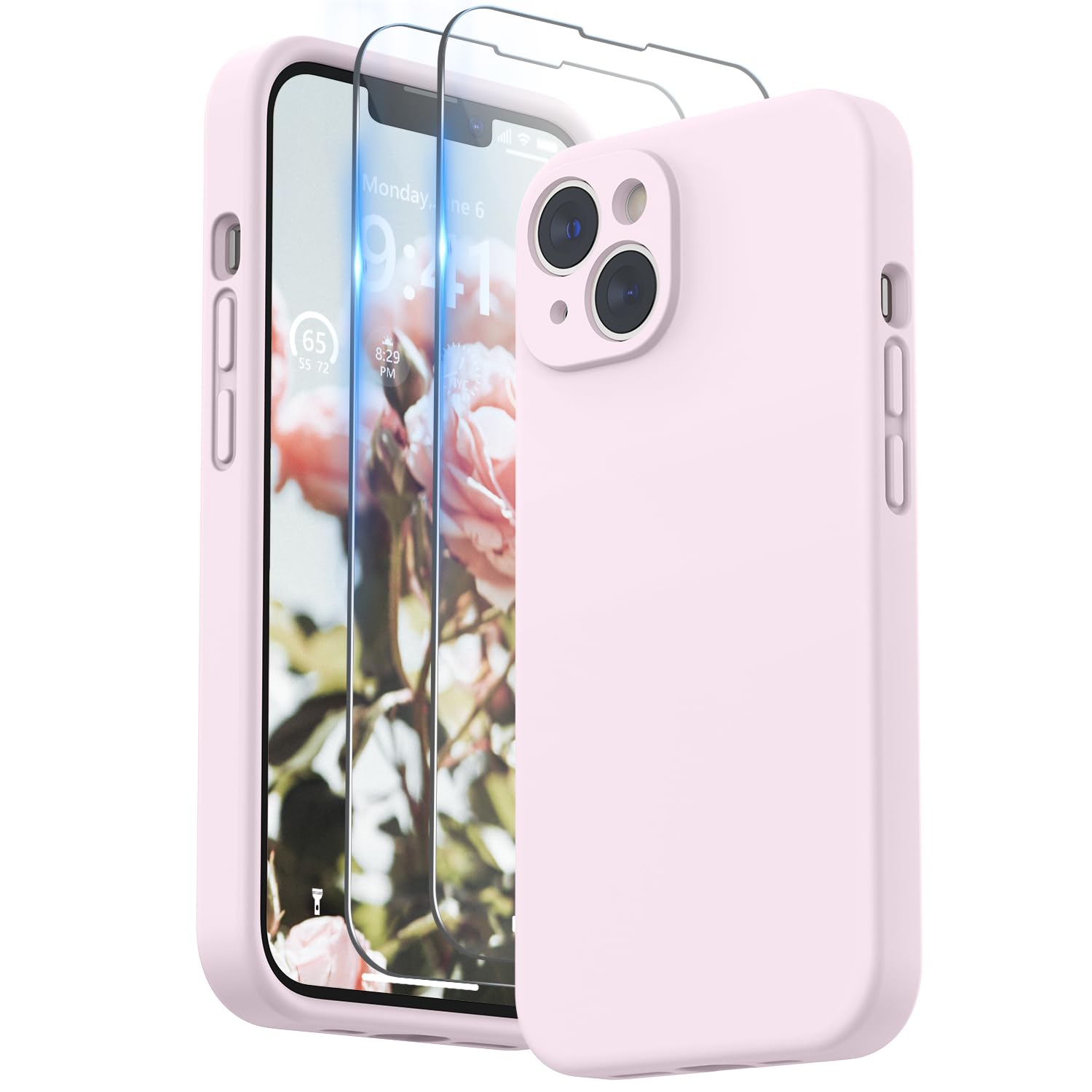 SURPHY iPhone14用ケース シリコン,フィルム付き 6.1インチ対応(2022) あいふぉん14用シリコンケース （レンズの全面保護） 耐衝撃 超軽量 指紋防止 全面保護 iPhone14用ソフトカバー (グレーピンク)