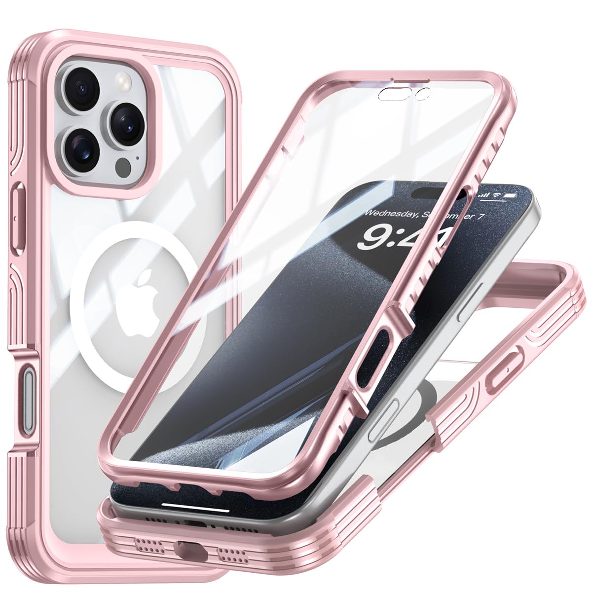 iPhone 16 Pro Max ケース MagSafe対応 全面カバー 両面ケース 両面カバー ガラスフィルム付き 360度全面保護 アイフォン16 Pro マックス カバー 耐衝撃 アウトドア,ピンク