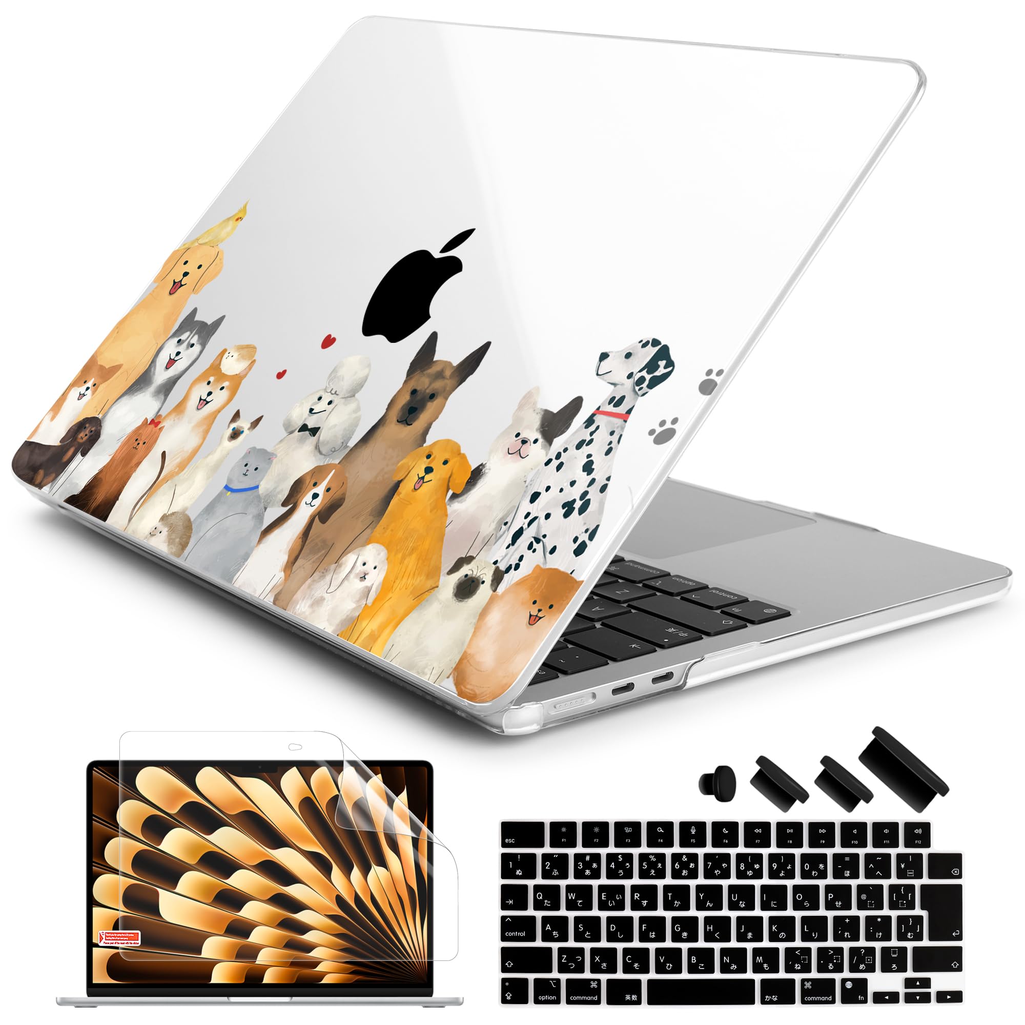 Batianda 2023発売MacBook Air 15 M2 A2941専用 軽量携帯保護ケース+スクリーン保護フィルム+日本語キーボードカバー かわいい犬と猫