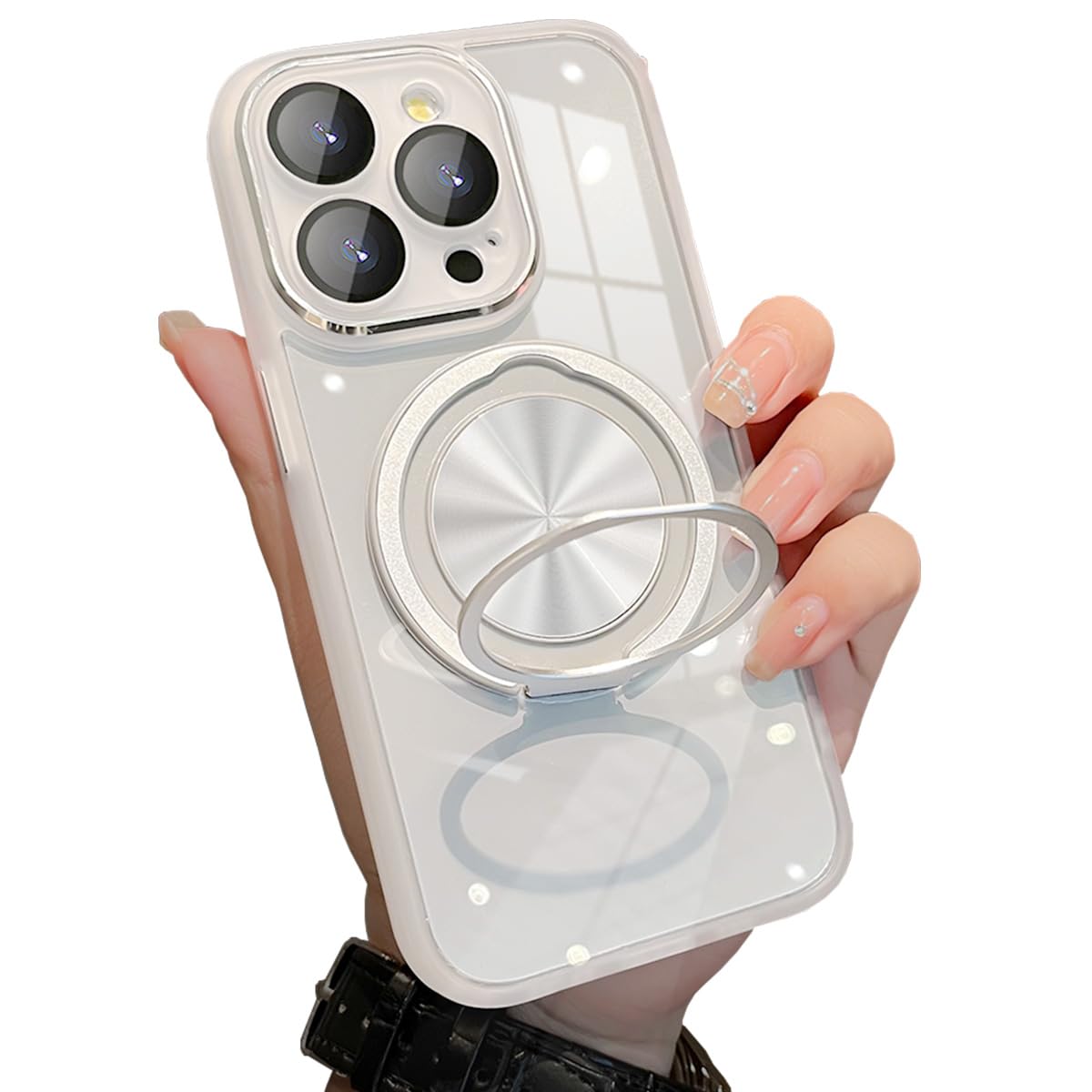 Damesine iphone 15 ProMax用容れもの ケイ素樹脂耐衝撃 せつ然たる アクリル樹脂一皿 MagSafe相応う 無線電話申し受ける 360°回転させる磁石照明ランプと写真機取りまかなうの原則として型 強化因子硝子写真フィルム水晶体保護すること オシャ