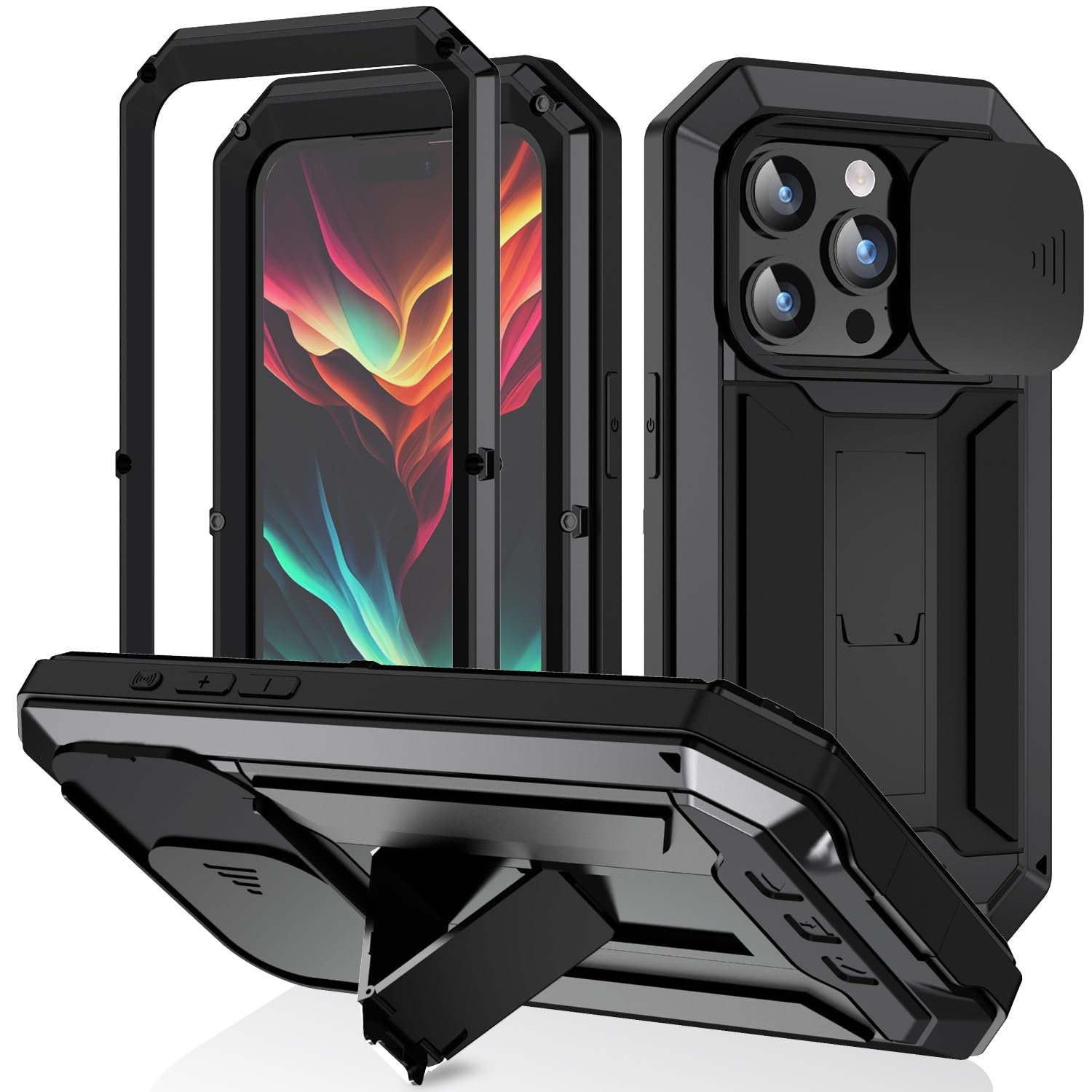 360 強力保護 iPhone 15 Pro ケース スライド式カメラカバー 耐衝撃 軍用 アルミニウムバンパー 防塵 スタンド機能 最強級金属合金強化ガラスフィルム シリコーン 生活防水 男性 個性 (黒)
