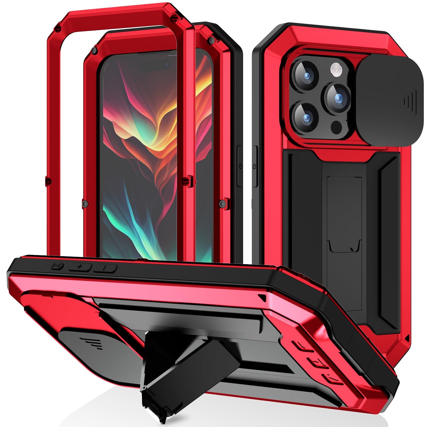 360 強力保護 iPhone 15 Pro Max ケース スライド式カメラカバー 耐衝撃 軍用 アルミニウムバンパー 防塵 スタンド機能 最強級金属合金強化ガラスフィルム シリコーン 生活防水 男性 個性 (赤)