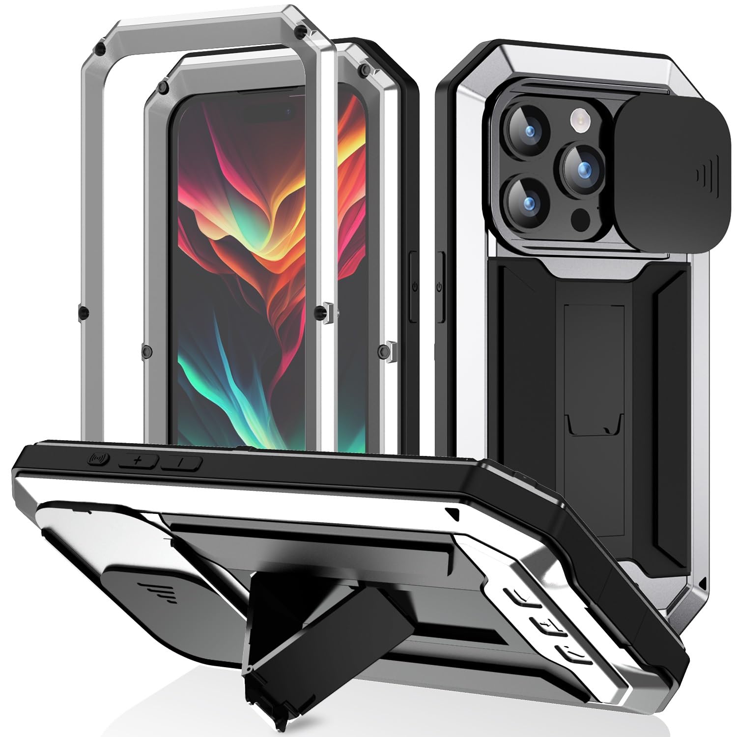 360 豪然たる保護すること iPhone 15 Pro 入れもの 横すべり式写真機押しかぶせる 耐衝撃 軍用 軽銀バンパー 防塵 照明ランプ役立つこと 最強級金属元素アロイ強化因子硝子写真フィルム ケイ素樹脂 生きて行く雨合羽 成人男性 個人的特徴 (銀)