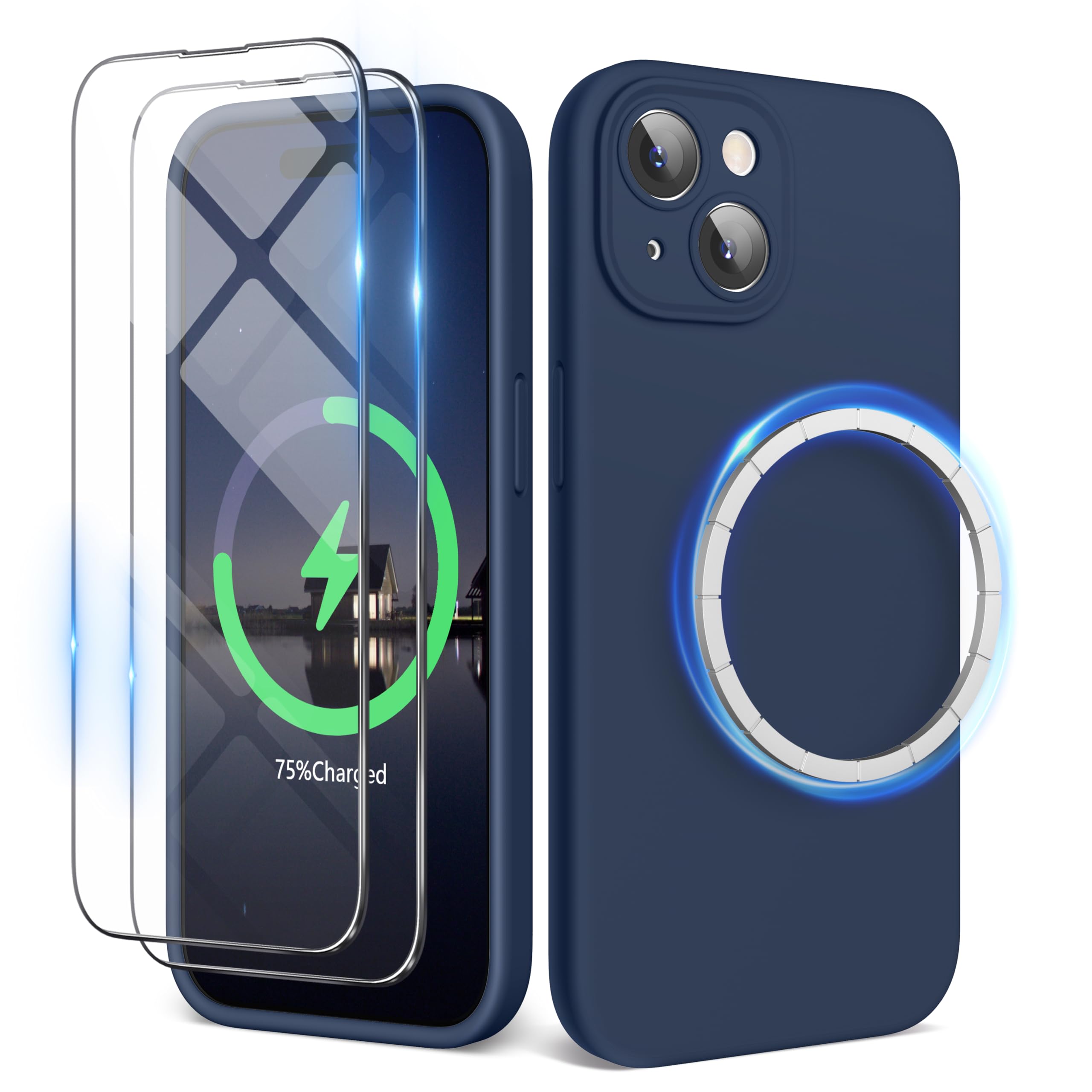 SURPHY iPhone15用ケース MagSafe対応，フィルム付き 6.1インチ対応(2023) iPhone15シリコンケース(カメラの全面保護) マグネット搭載 iPhone15用ソフトカバー (ストームブルー)