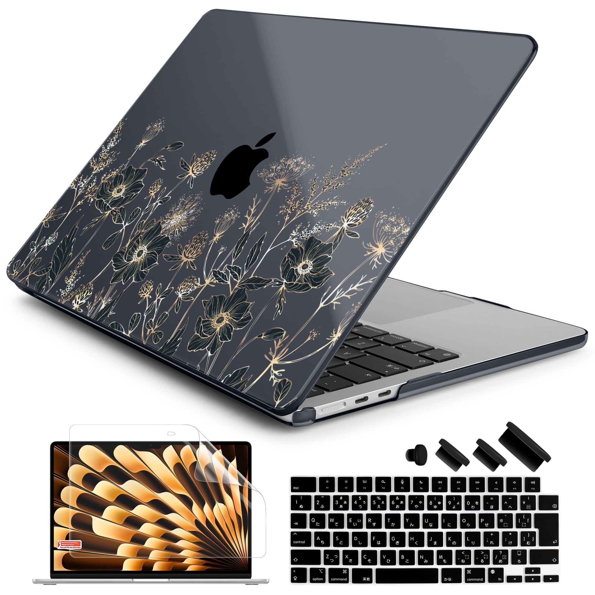 Batianda 2023発売MacBook Air 15 M2 A2941専用 軽量携帯保護ケース+スクリーン保護フィルム+日本語キーボードカバー、美しい花々
