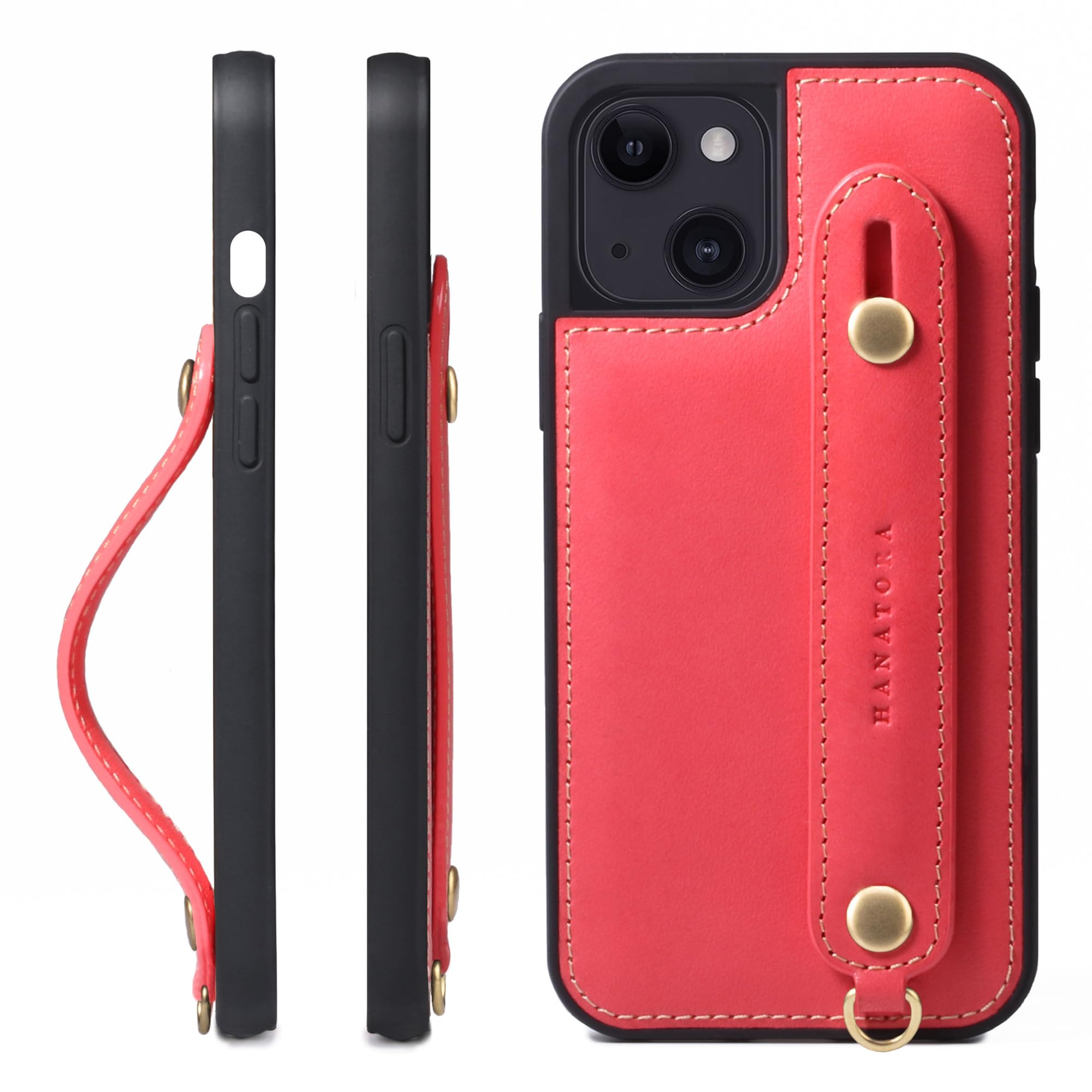 HANATORA iPhone15 ケース 本革 耐衝撃 背面ベルト ストラップリング スマホケース スマホ スタンド機能 コードホルダー ガラスフィルム 付き オイルドレザー ギフト レッド GH-15-Red-m｜T.M.Bストア