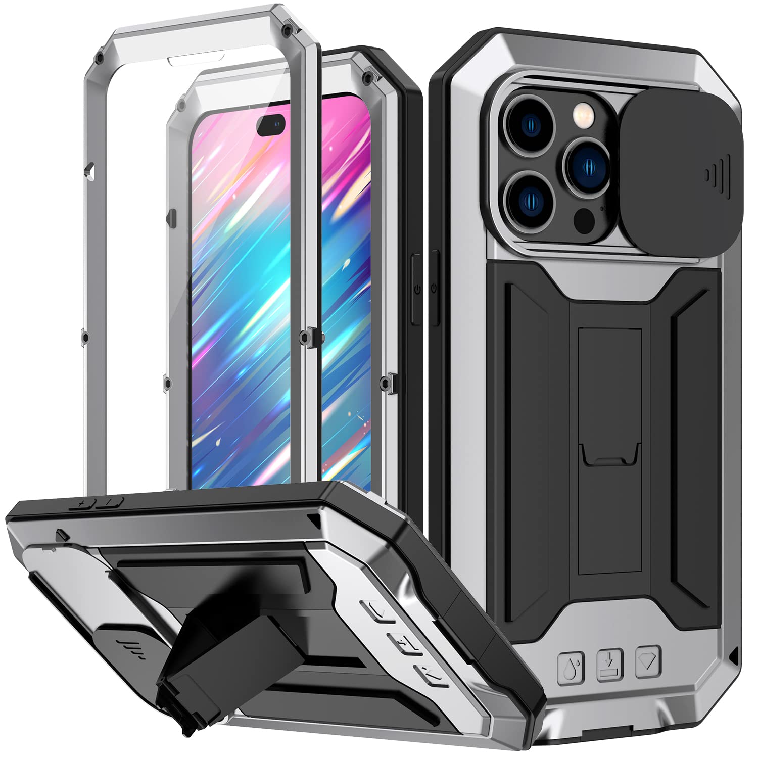 GOOVEN 360 豪然たる保護すること iPhone 13 Pro 入れもの 横すべり式写真機押しかぶせる 耐衝撃 軍用 軽銀バンパー 防塵 照明ランプ役立つこと 最強級金属元素アロイ強化因子硝子写真フィルム ケイ素樹脂 生きて行く雨合羽 成人男性 個人的特徴 (iPhone